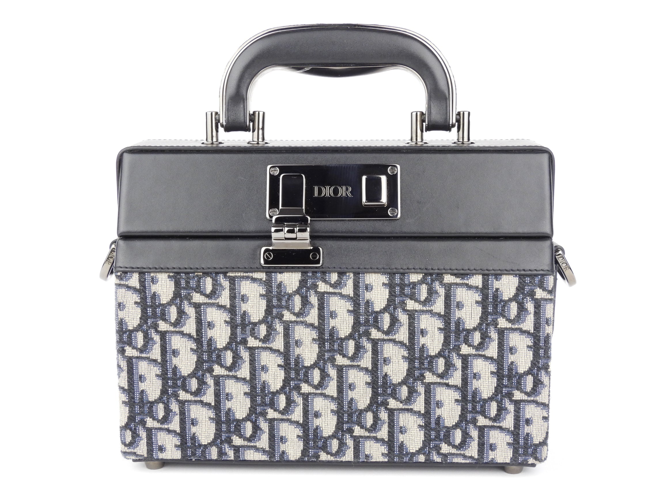 Christian Dior Oblique Monogram and Black Leather Two-Way Hard-Case Lock Handle Bag