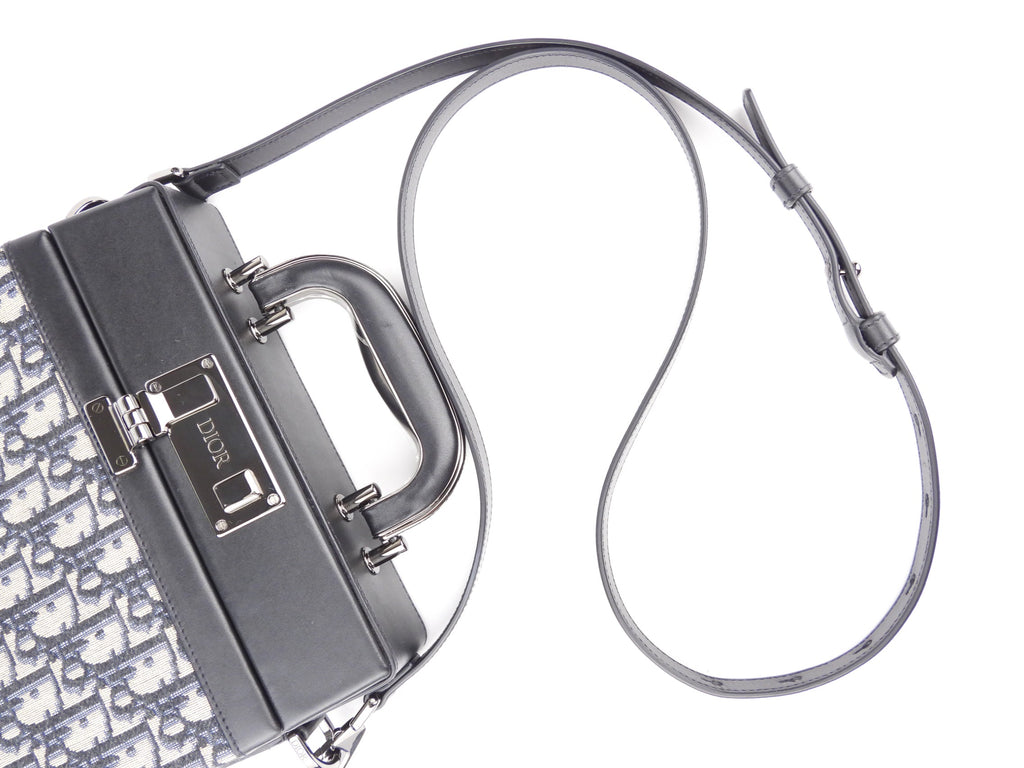 Christian Dior Oblique Monogram and Black Leather Two-Way Hard-Case Lock Handle Bag