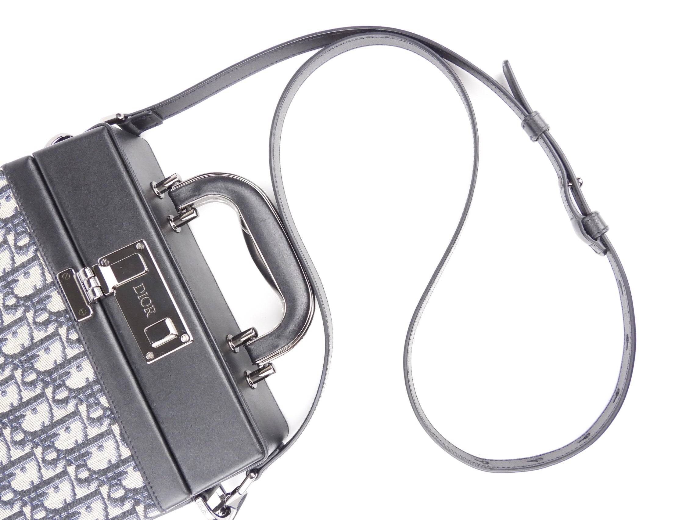 Christian Dior Oblique Monogram and Black Leather Two-Way Hard-Case Lock Handle Bag