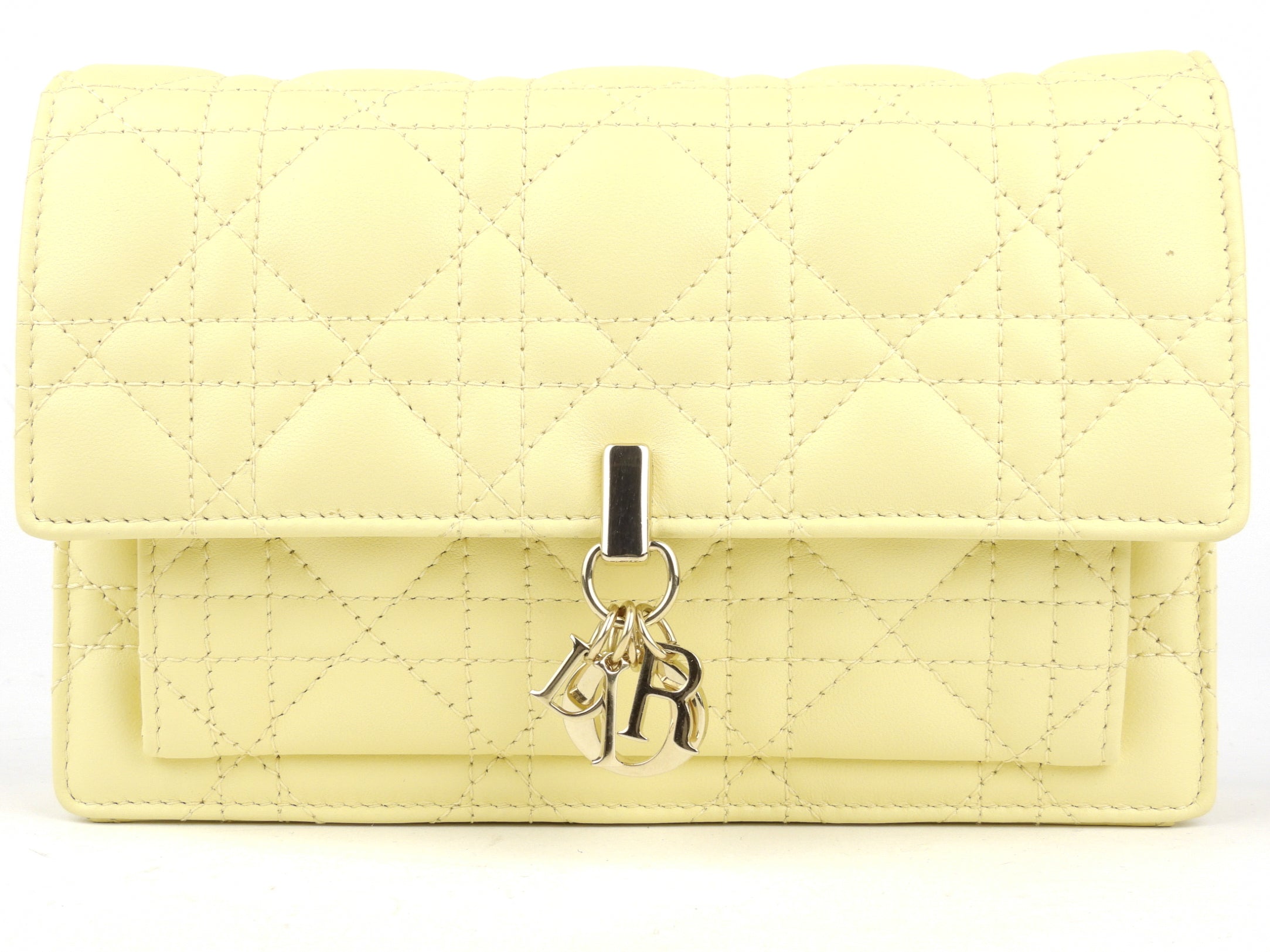 Christian Dior Pale Yellow Cannage Quilted Lambskin Leather Miss Dior Chain Pouch