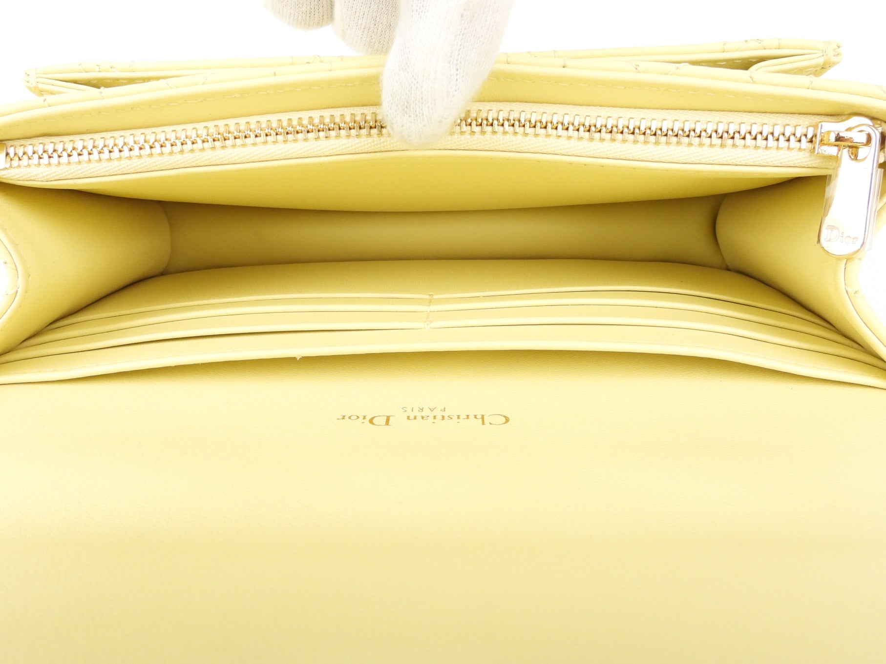 Christian Dior Pale Yellow Cannage Quilted Lambskin Leather Miss Dior Chain Pouch