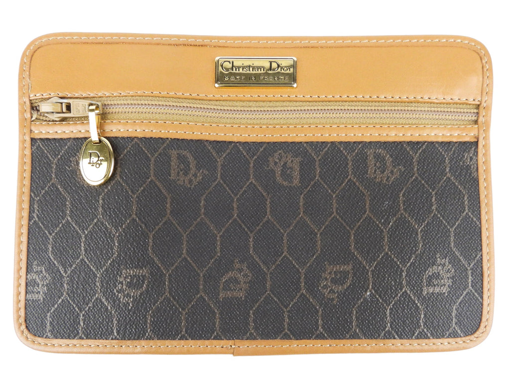 Christian Dior Vintage Brown Honeycomb Coated Canvas and Natural Leather Shoulder Bag
