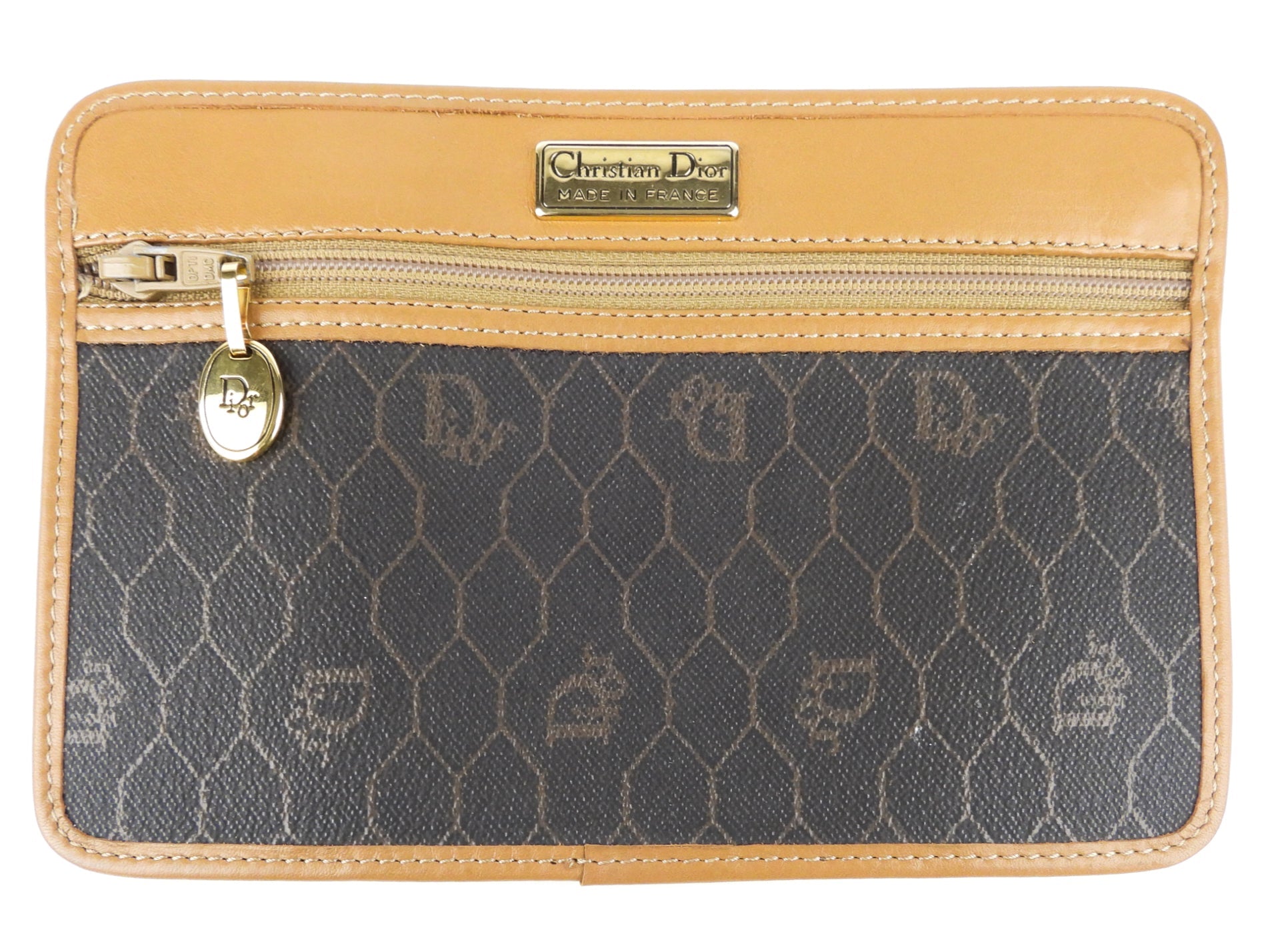 Christian Dior Vintage Brown Honeycomb Coated Canvas and Natural Leather Shoulder Bag