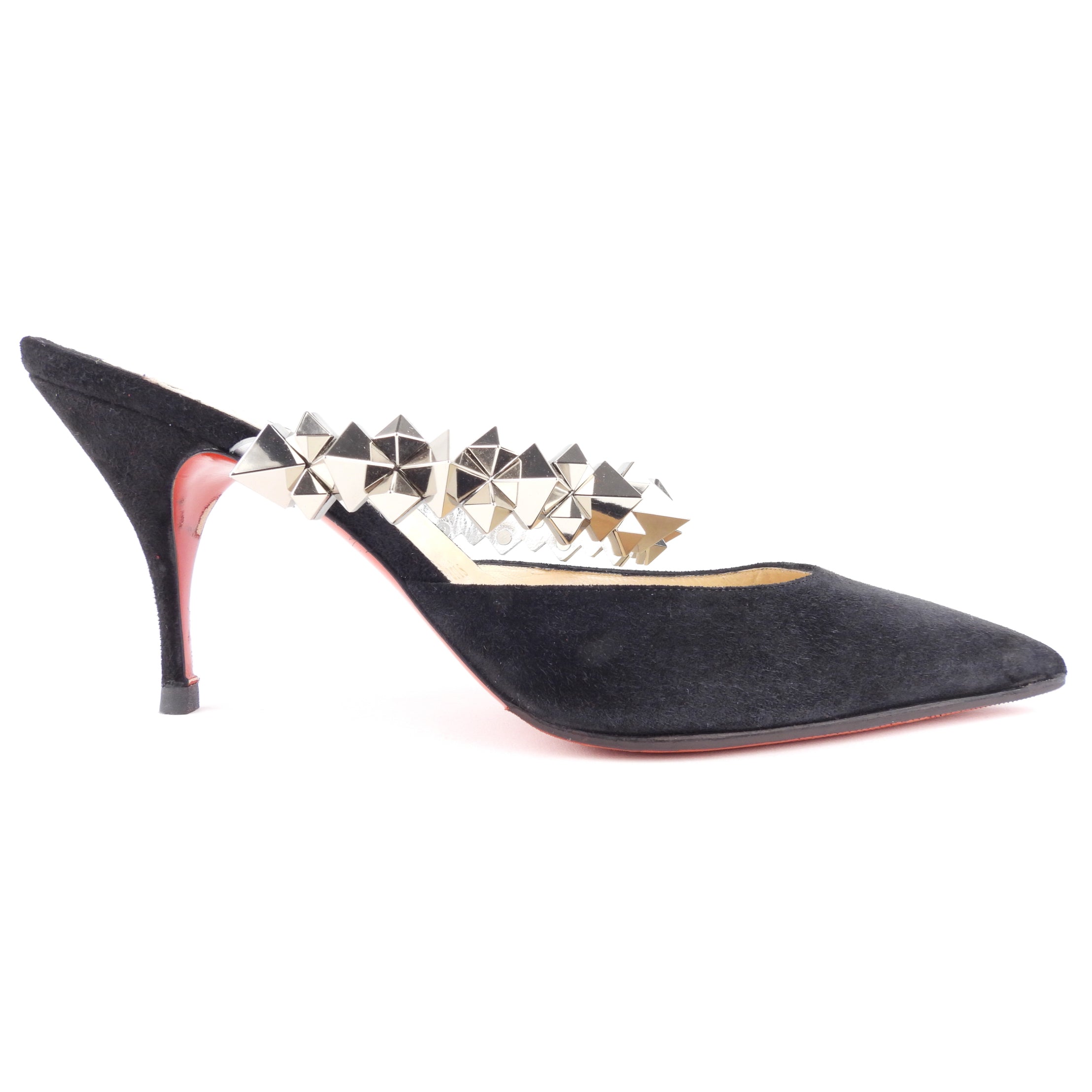 Christian Louboutin Black Suede Leather Spikey Strap Planet Choc 80 Mule - 39