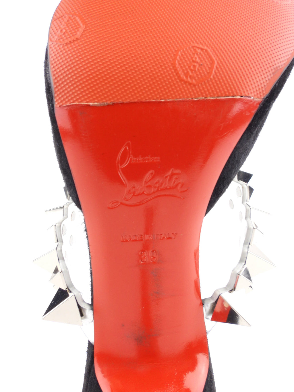 Christian Louboutin Black Suede Leather Spikey Strap Planet Choc 80 Mule - 39