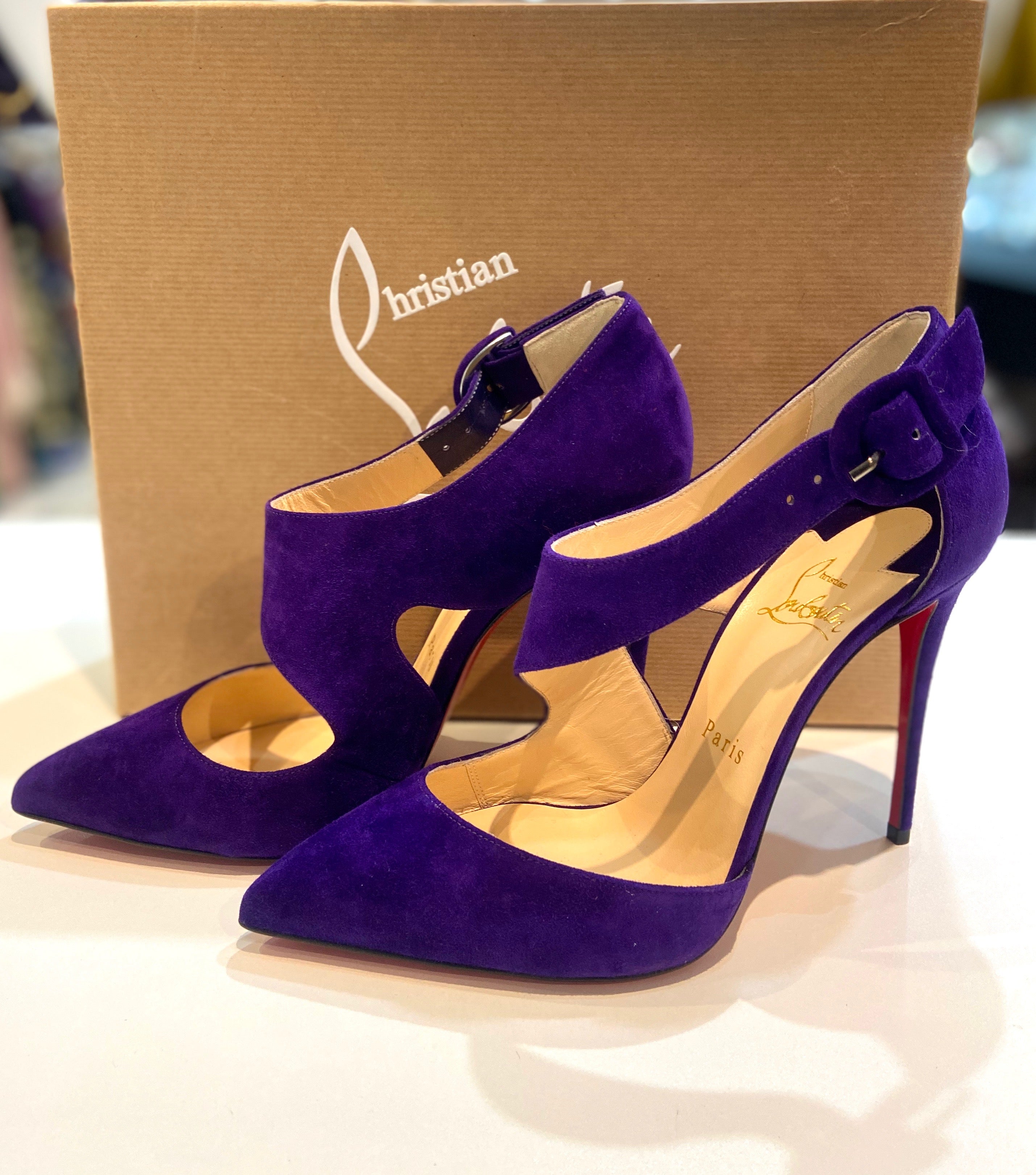 CHRISTIAN LOUBOUTIN SHARPETA SUEDE BUCKLE PUMPS