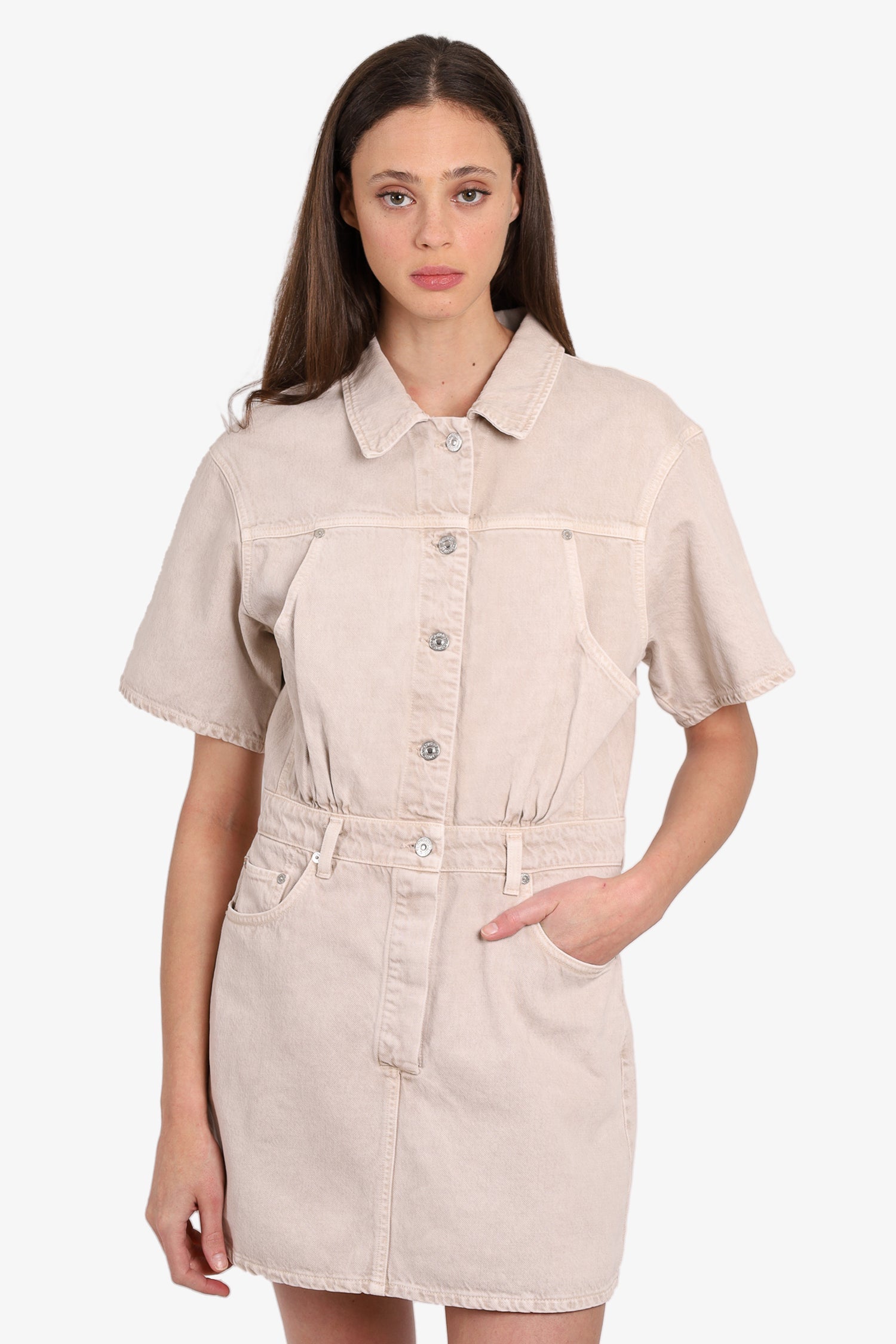 Citizens of Humanity Beige Denim Button Up Short-sleeve Dress Size Medium