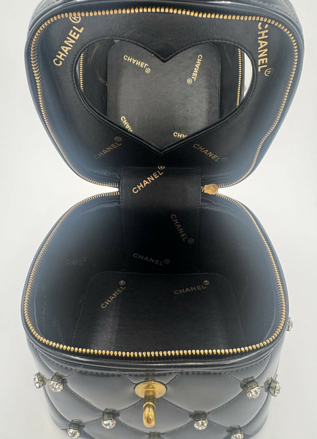 Chanel 1995 Vintage Barbie Black Rhinestone Heart-Mirror Vanity Case Bag