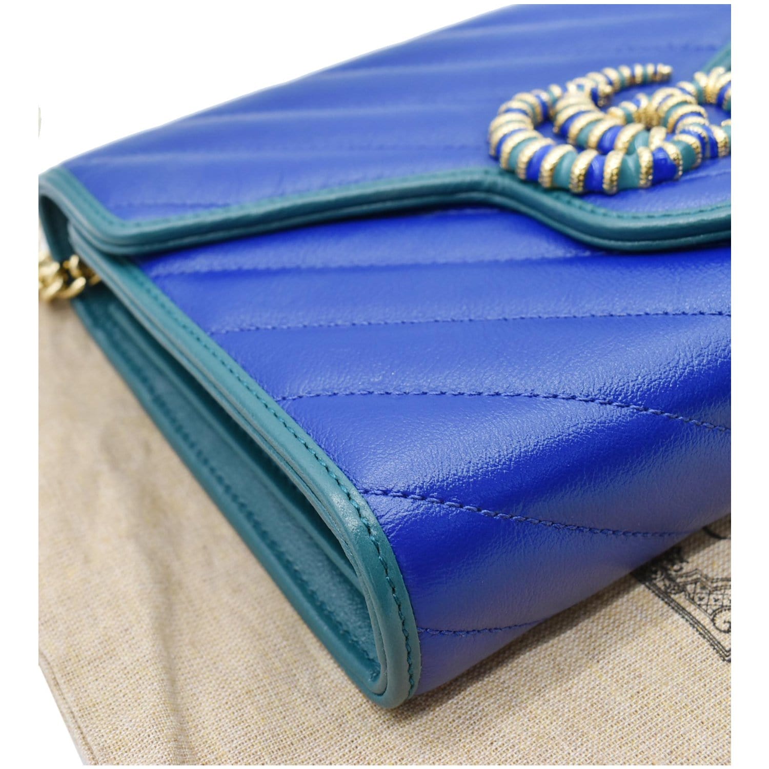 GUCCI GG Marmont Mini Matelasse Leather Chain Crossbody Bag Blue 573807