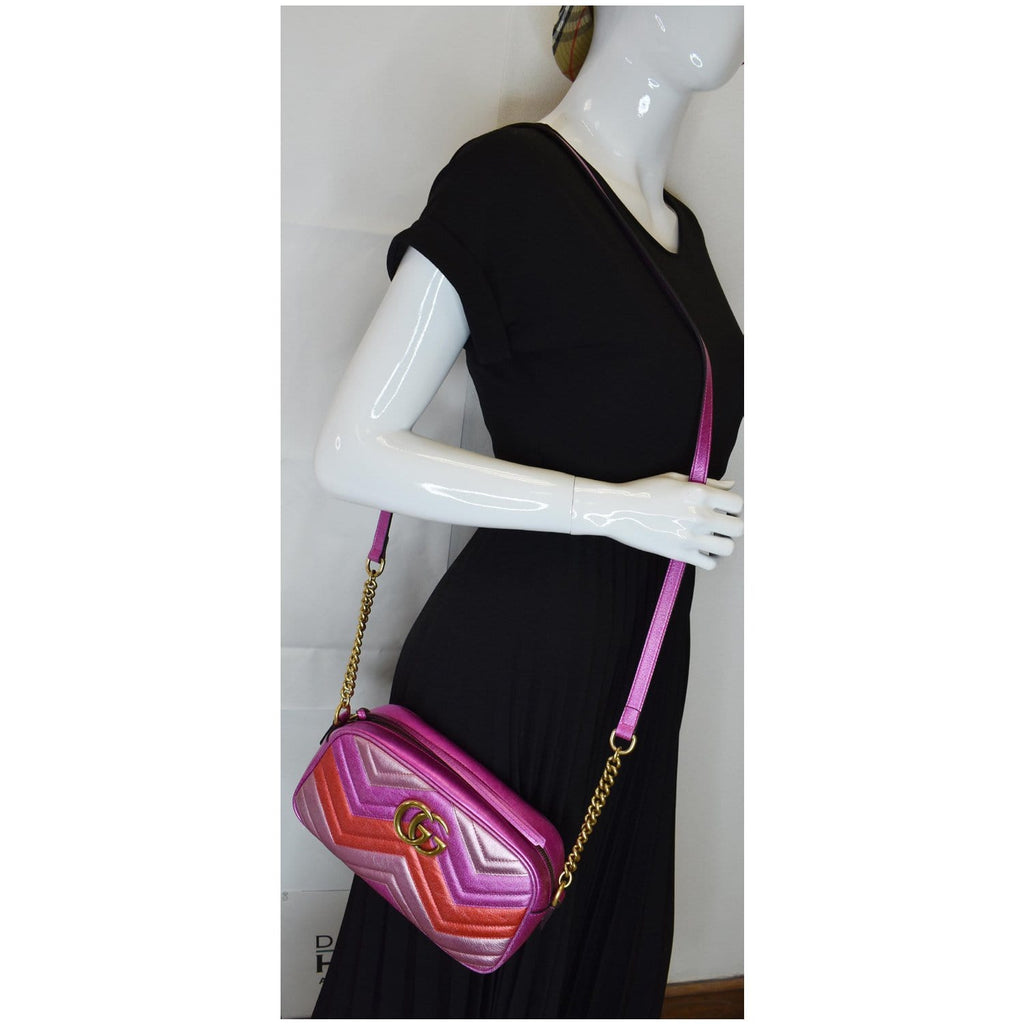 GUCCI Marmont Chevron Small Metallic Leather Crossbody Bag Tri-color 447632