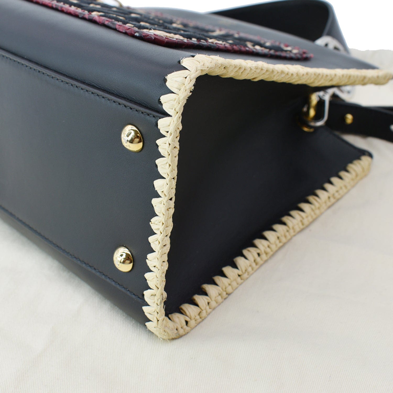 FENDI Raffia Embroidered Python Leather Shoulder Bag Black