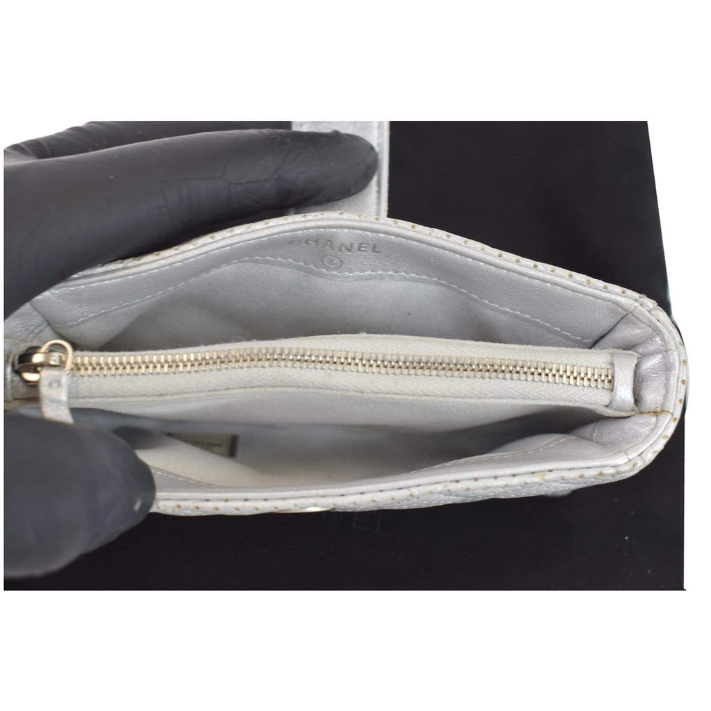 CHANEL Perforated Lambskin Quilted Mini Phone Holder Clutch Silver - Last Call