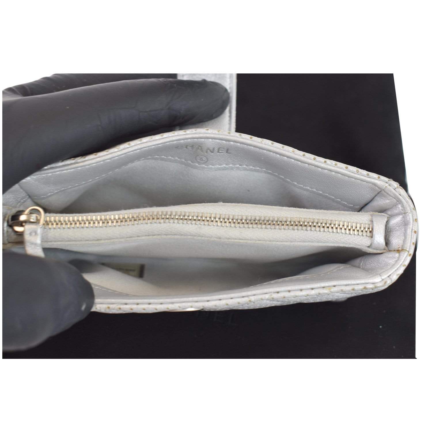 CHANEL Perforated Lambskin Quilted Mini Phone Holder Clutch Silver - Last Call