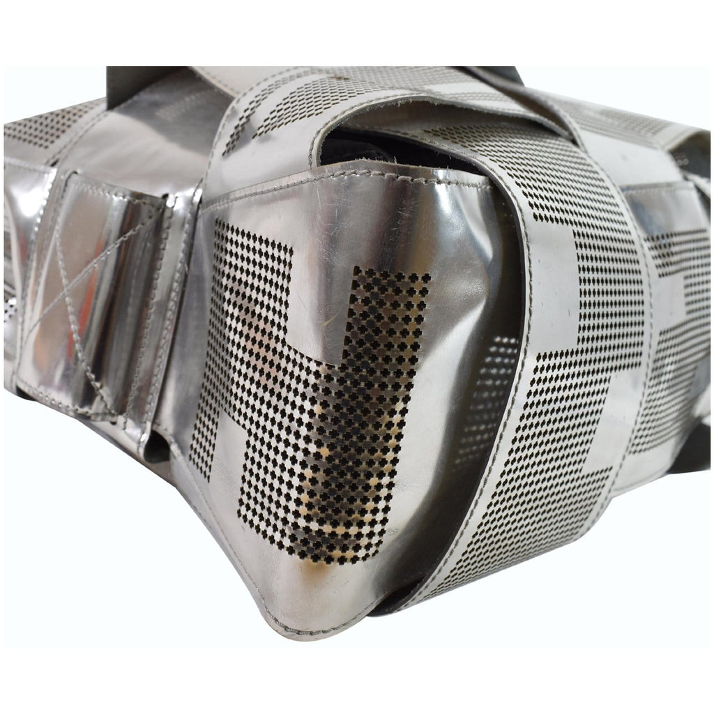 FENDI Crossword Metallic Perforated Leather Shoulder Bag Silver