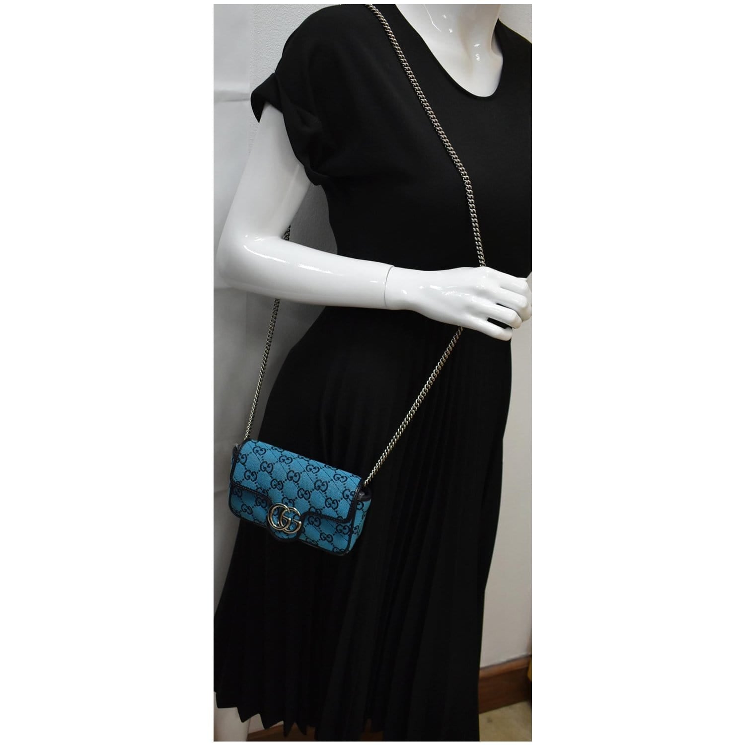 GUCCI GG Marmont Super Mini Matelasse Canvas Crossbody Bag Blue 476433
