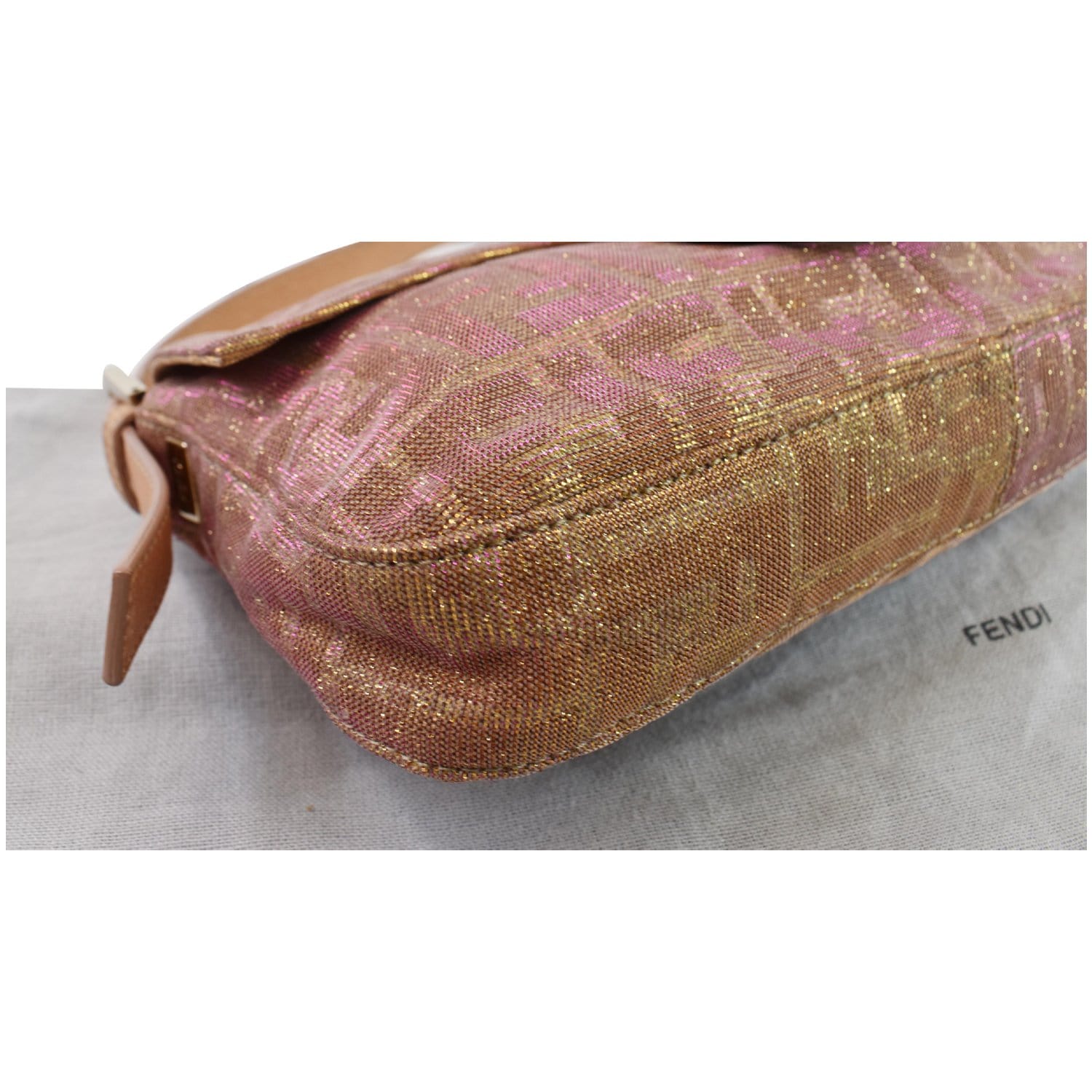 FENDI Glitter Zucca Canvas Magnetic Baguette Bag Metallic Pink