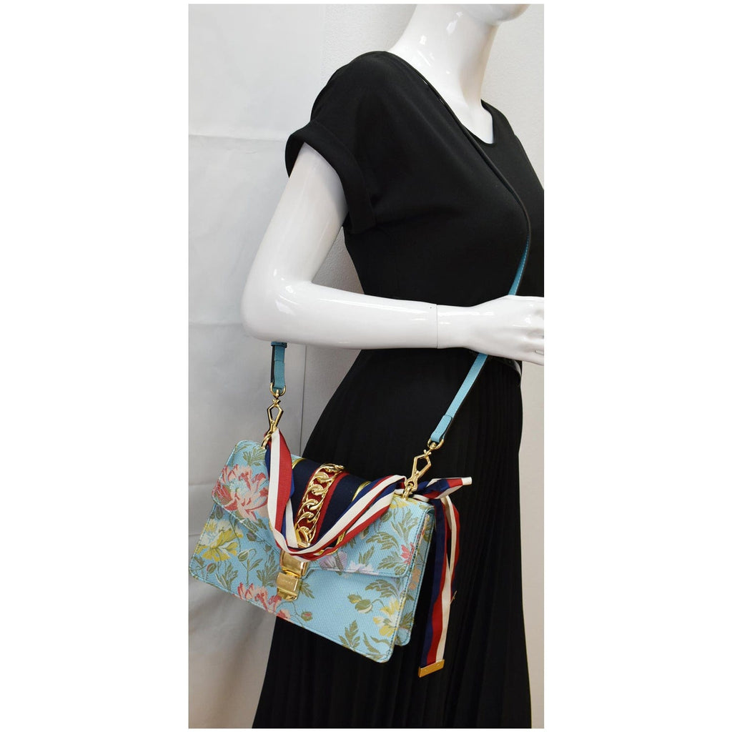 GUCCI Sylvie Medium Flora Fabric Canvas Top Handle Bag Light Blue 551150