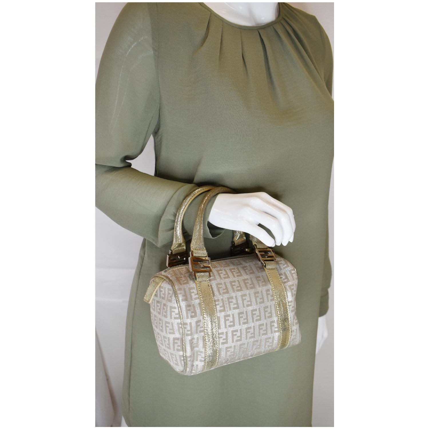 FENDI Selleria Zucca Canvas Leather Boston Bag Gold