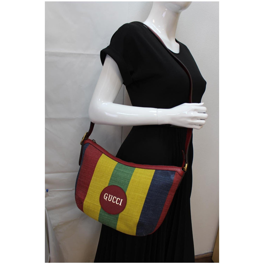 GUCCI Baiadera Stripe Script Logo Half Moon Canvas Hobo Shoulder Bag Multicolor 626422