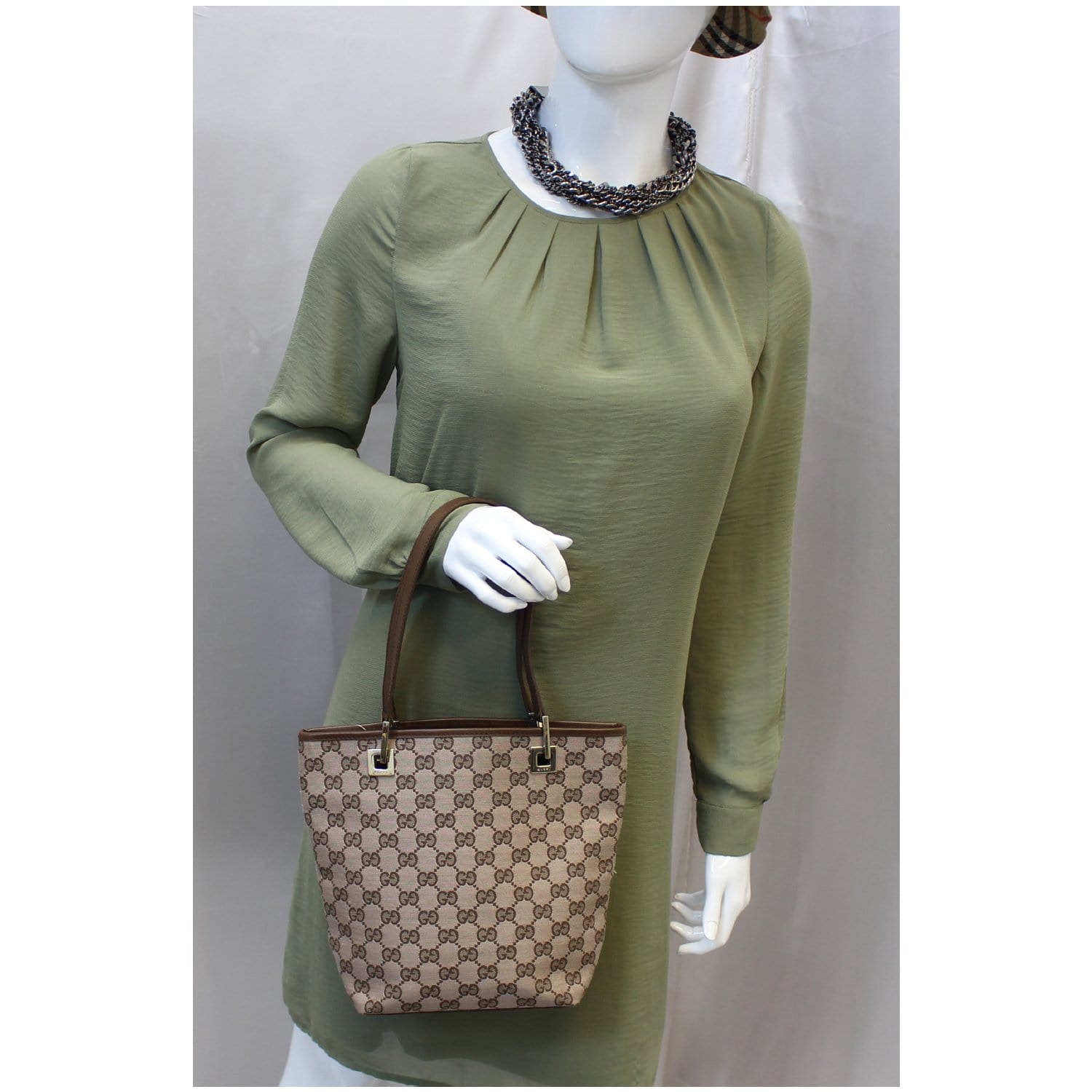 GUCCI GG Canvas Tote Shoulder Bag Brown