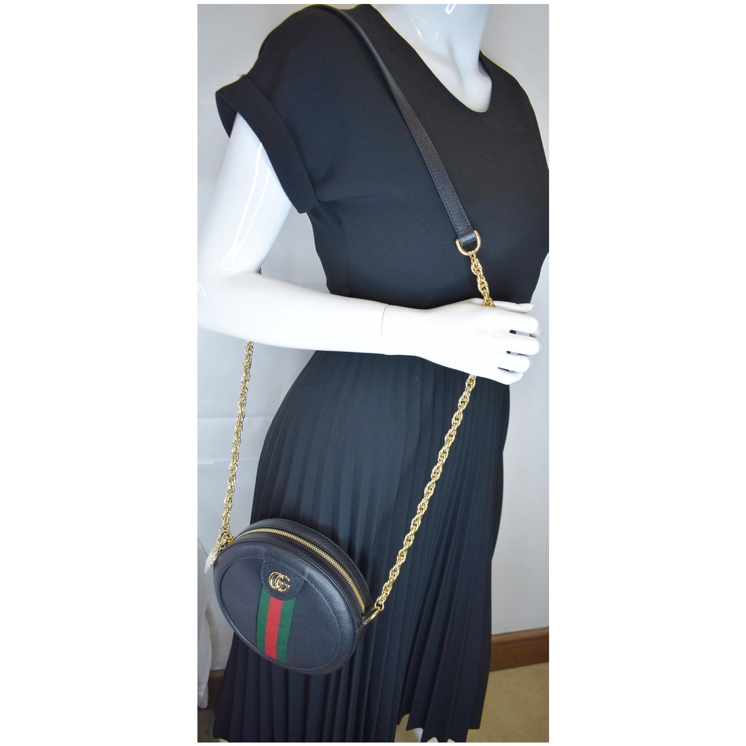 GUCCI Ophidia Mini GG Round Web Leather Crossbody Bag Black 550618