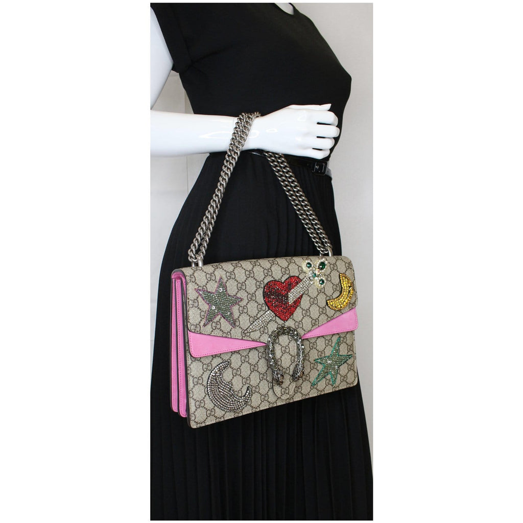 GUCCI Dionysus Embroidered Medium GG Supreme Shoulder Bag Beige