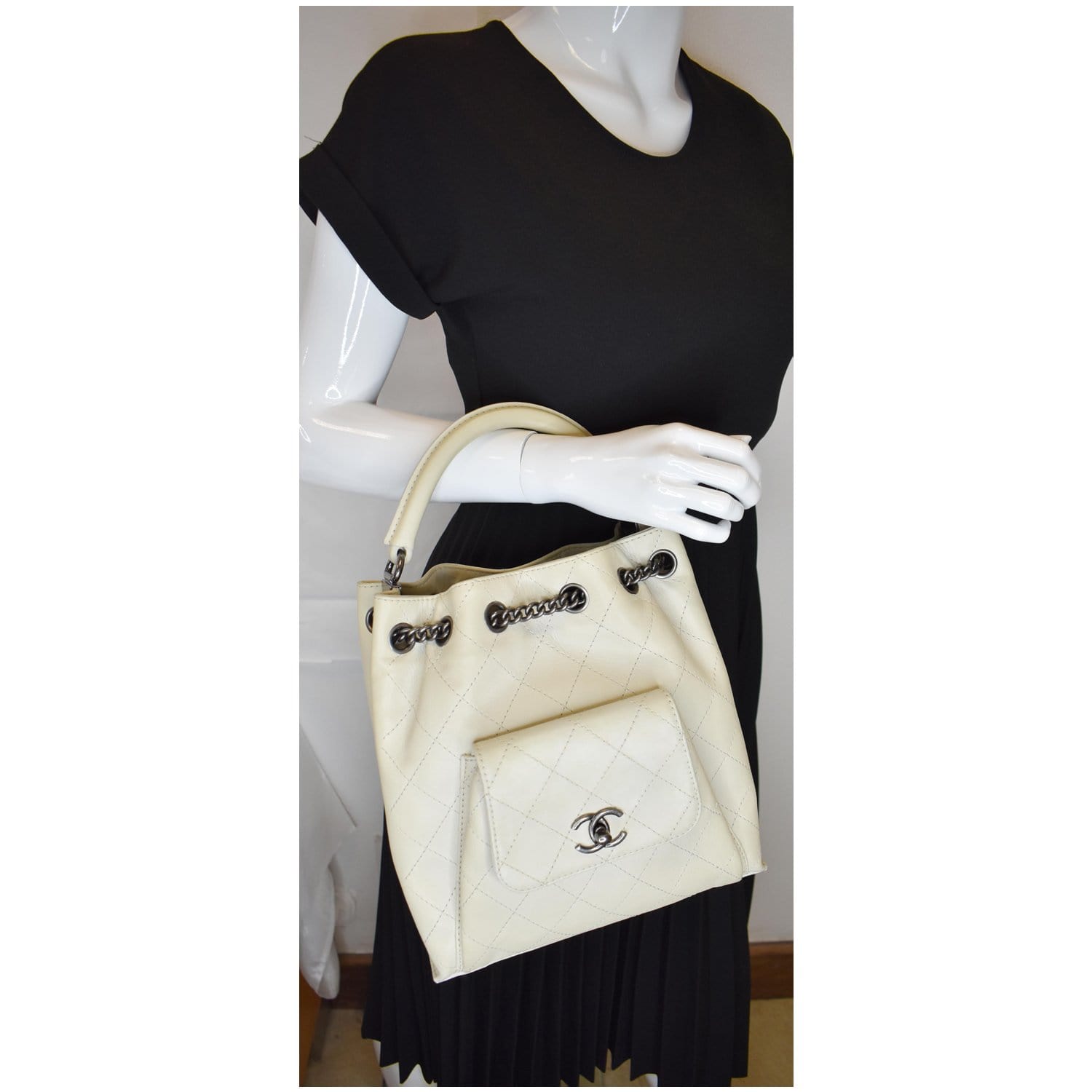 CHANEL Urban Luxury Drawstring Calfskin Stitched Backpack Bag Ivory - 15% OFF
