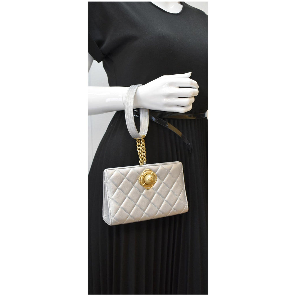 CHANEL By The Sea Quilted Lambskin Leather Clutch Wallet Metallic Silver