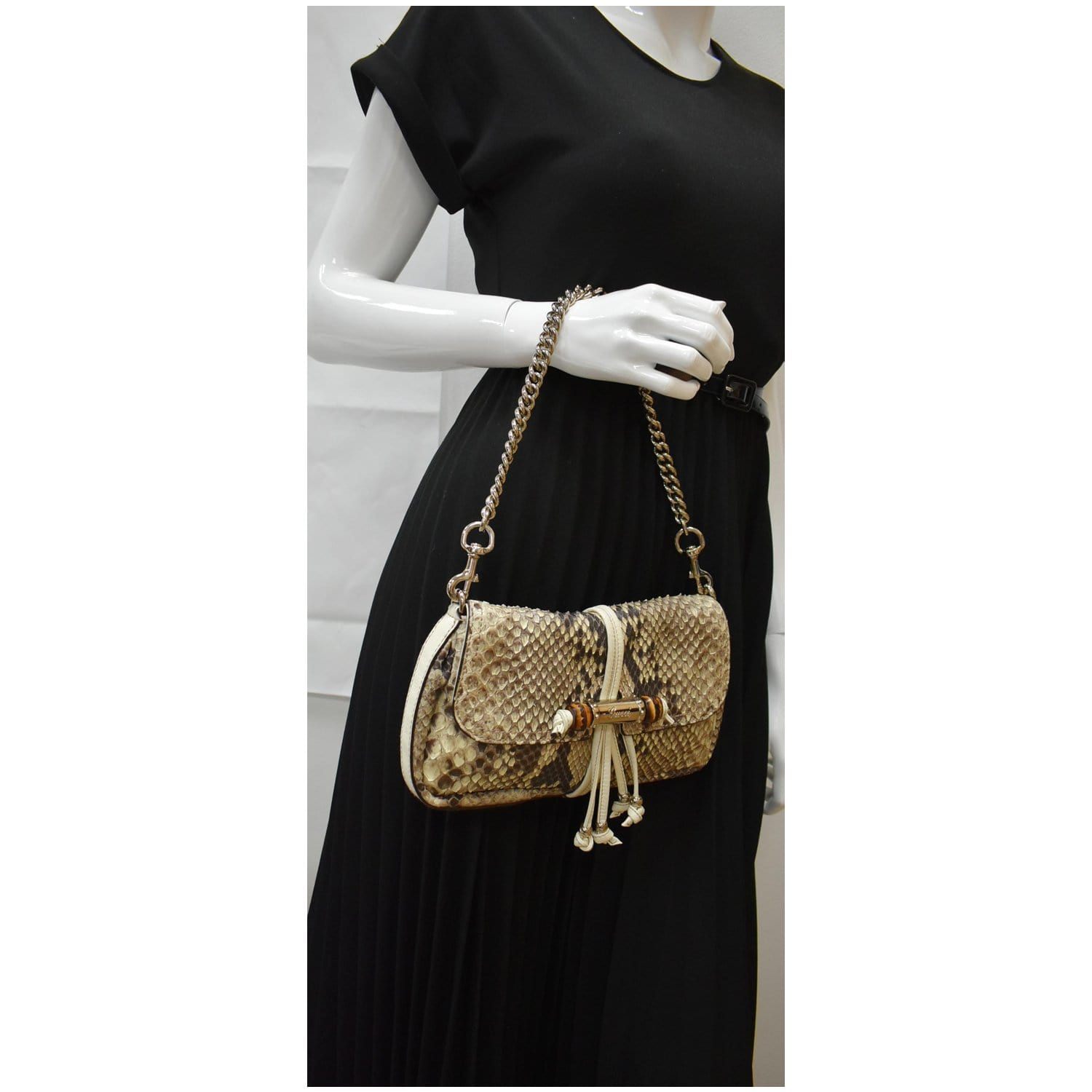 GUCCI Croisette Bamboo Evening Python Leather Shoulder Bag Off White 235320