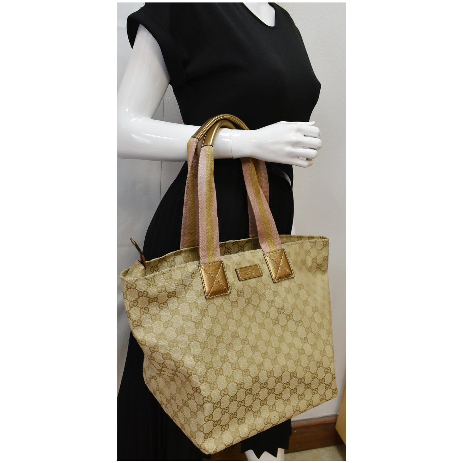 GUCCI Sherry GG Canvas Leather Tote Bag Beige 131231
