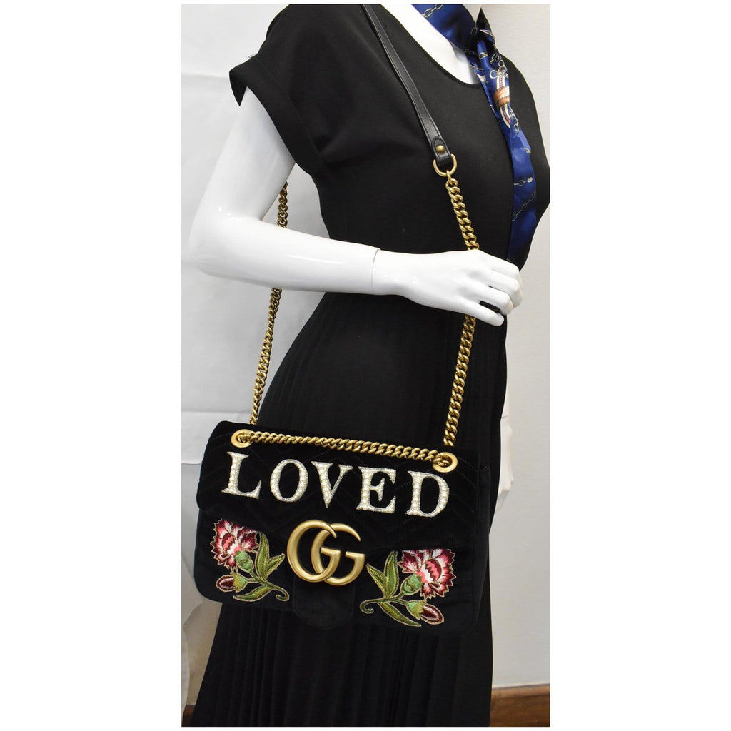 GUCCI Blind For Love Marmont Embroidered Velvet Shoulder Bag Black 443496