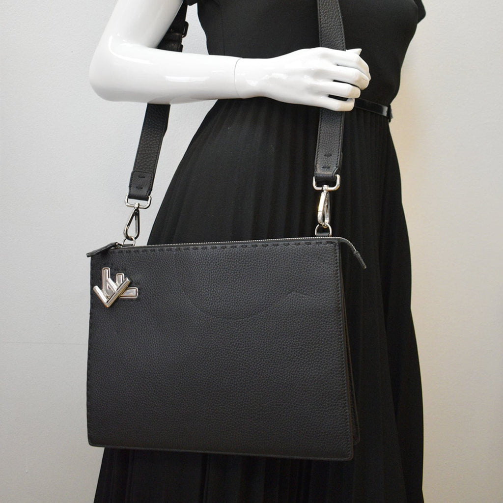 FENDI Leather Crossbody Messenger Bag Black