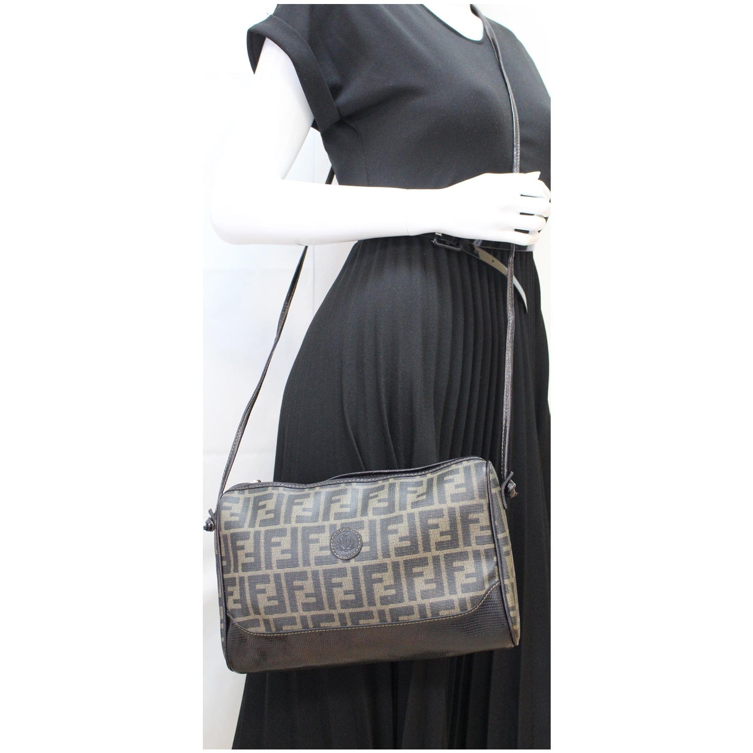 FENDI Roma Coated Canvas Leather Crossbody Bag Brown
