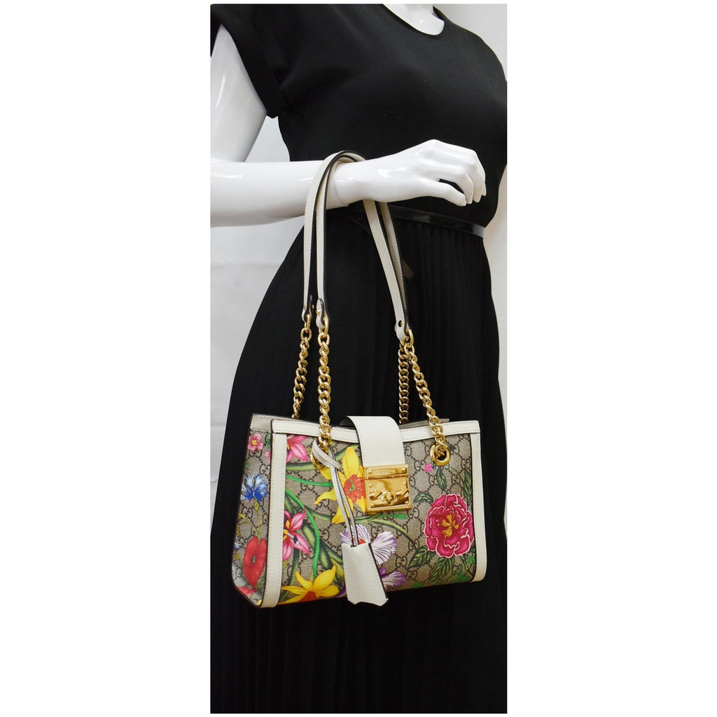 GUCCI Padlock Flora Small GG Supreme Canvas Shoulder Bag Beige 498156