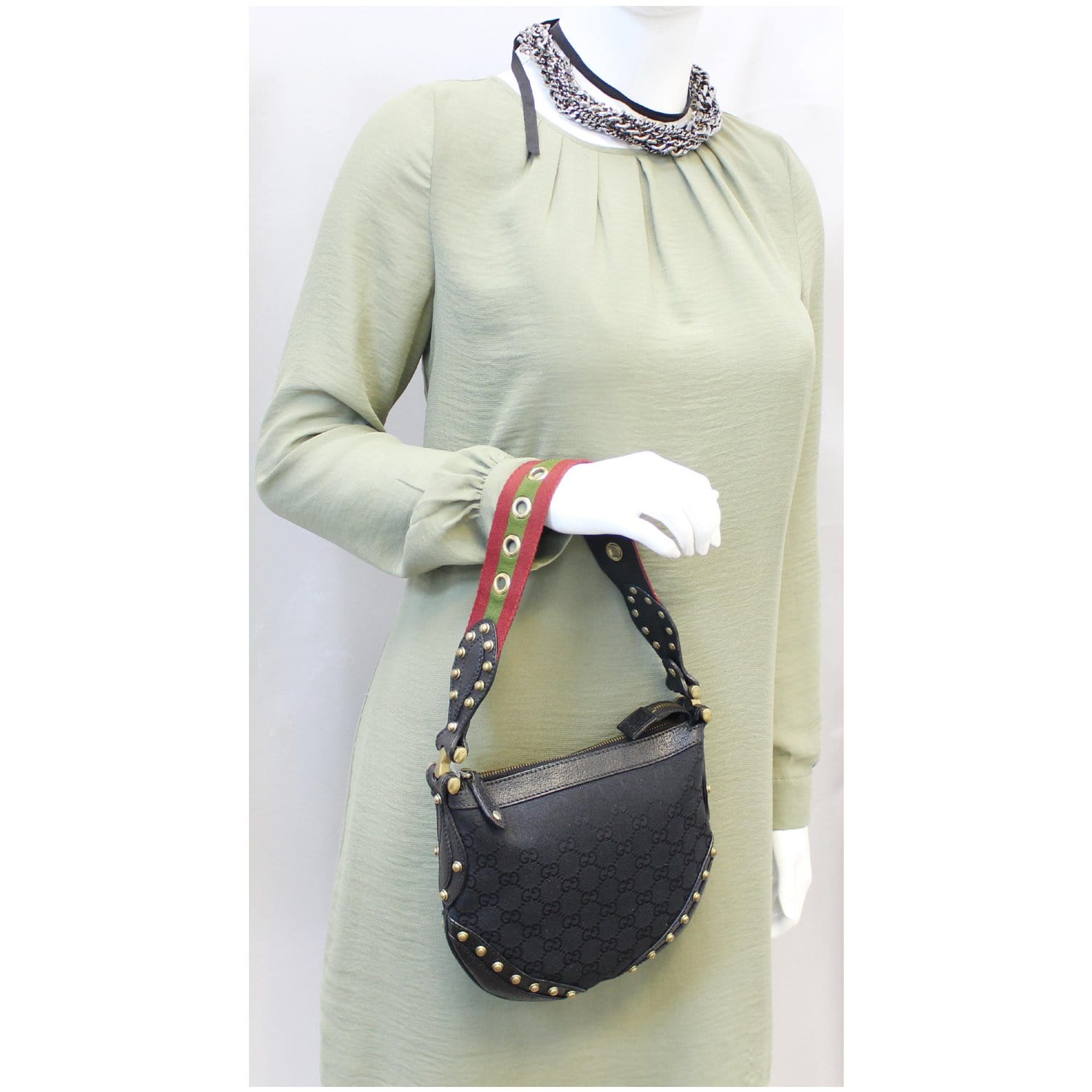 Gucci Pelham Small GG Canvas Studded Shoulder Bag Black