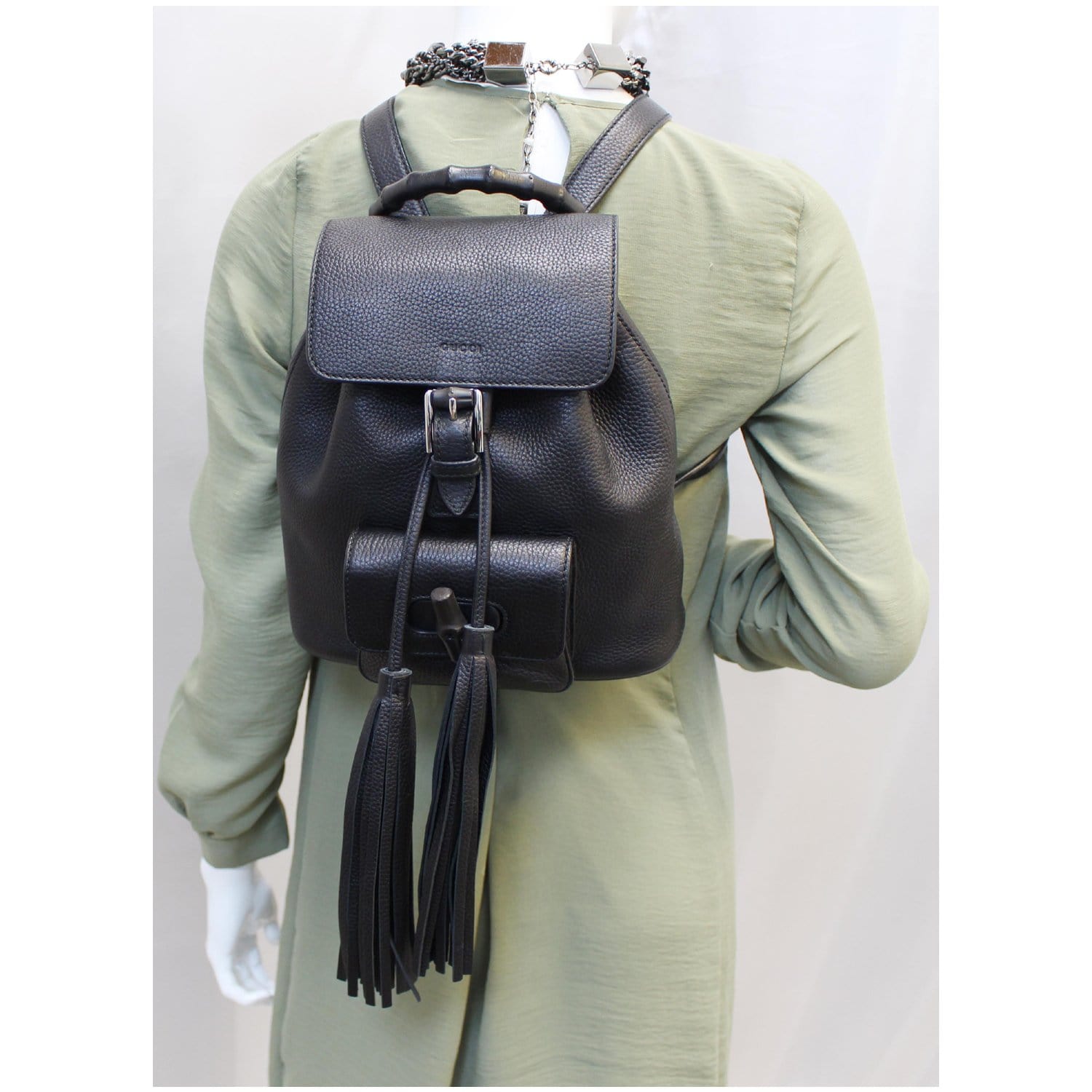 GUCCI Bamboo Pebbled Leather Backpack Bag Black - Last Call