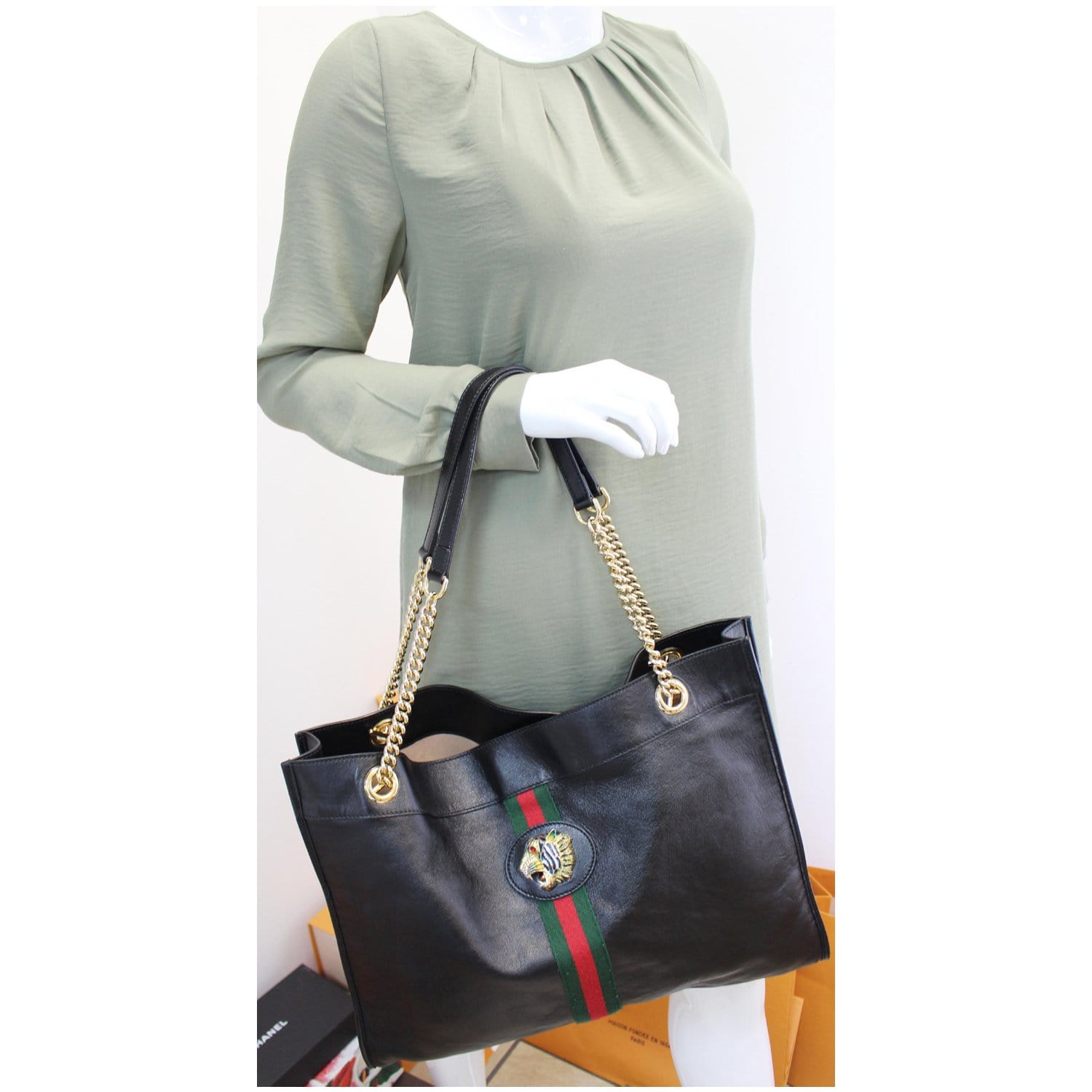 GUCCI Rajah Large Leather Tote Shoulder Bag Black 537219