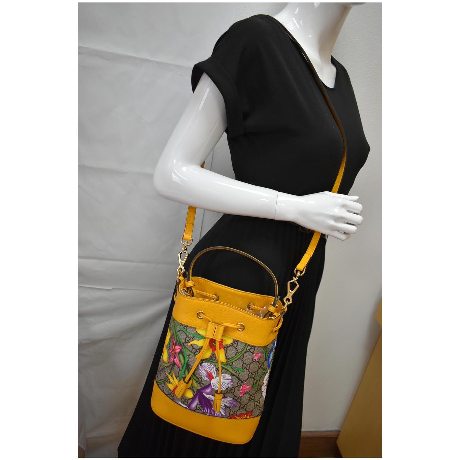 GUCCI Ophidia Flora Small GG Canvas Bucket Bag Yellow 550621