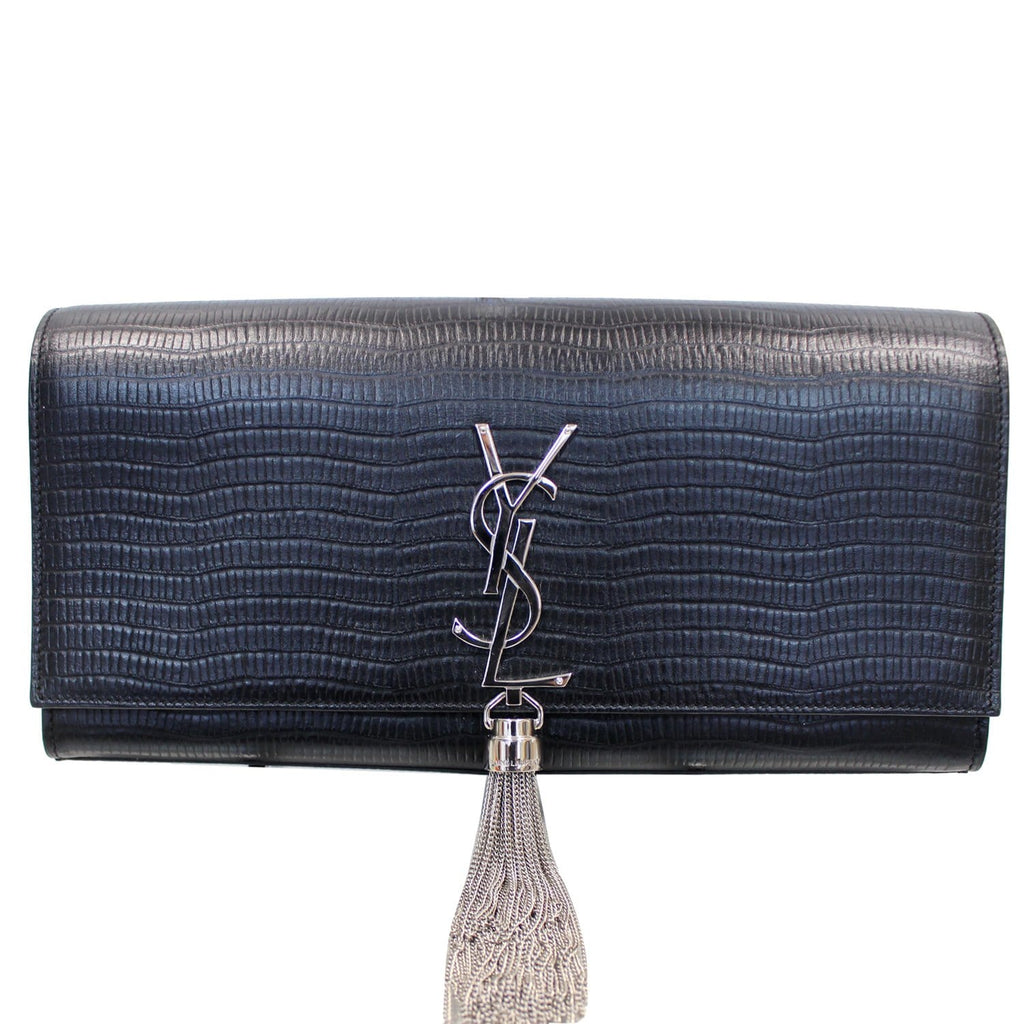 YVES SAINT LAURENT Classic Kate Monogram Tassel Embossed Leather Clutch Black
