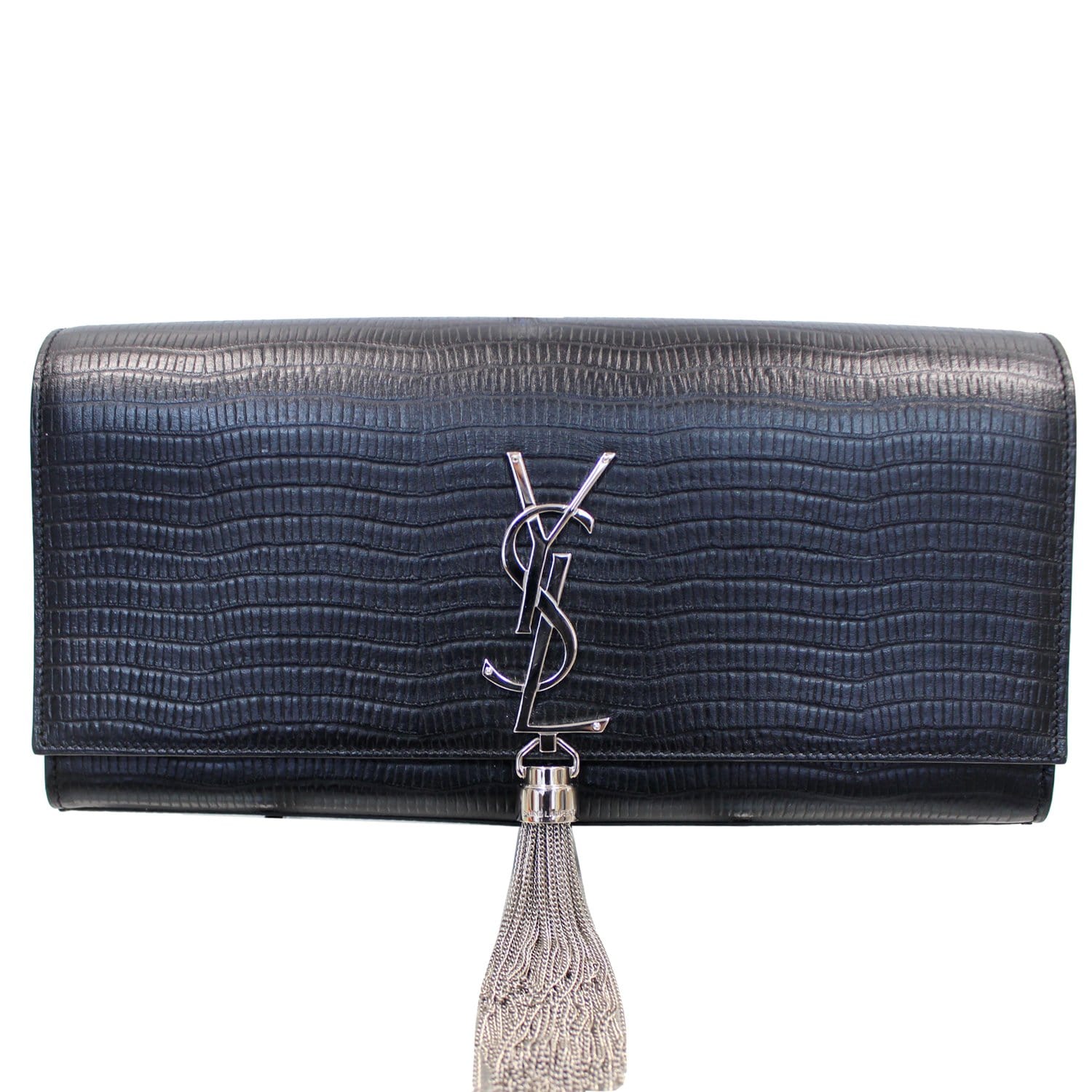YVES SAINT LAURENT Classic Kate Monogram Tassel Embossed Leather Clutch Black