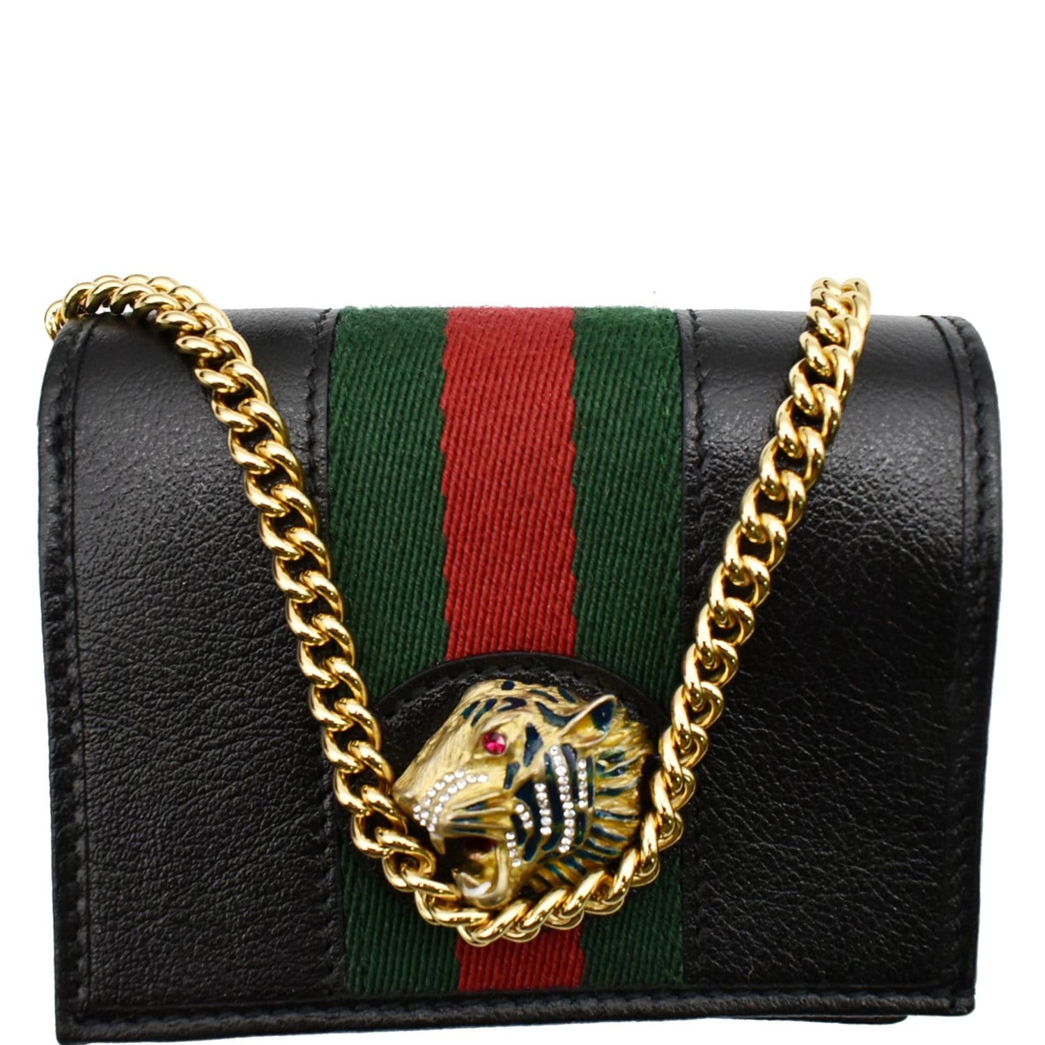 GUCCI Rajah Web Leather  Case Chain Wallet Black 573790