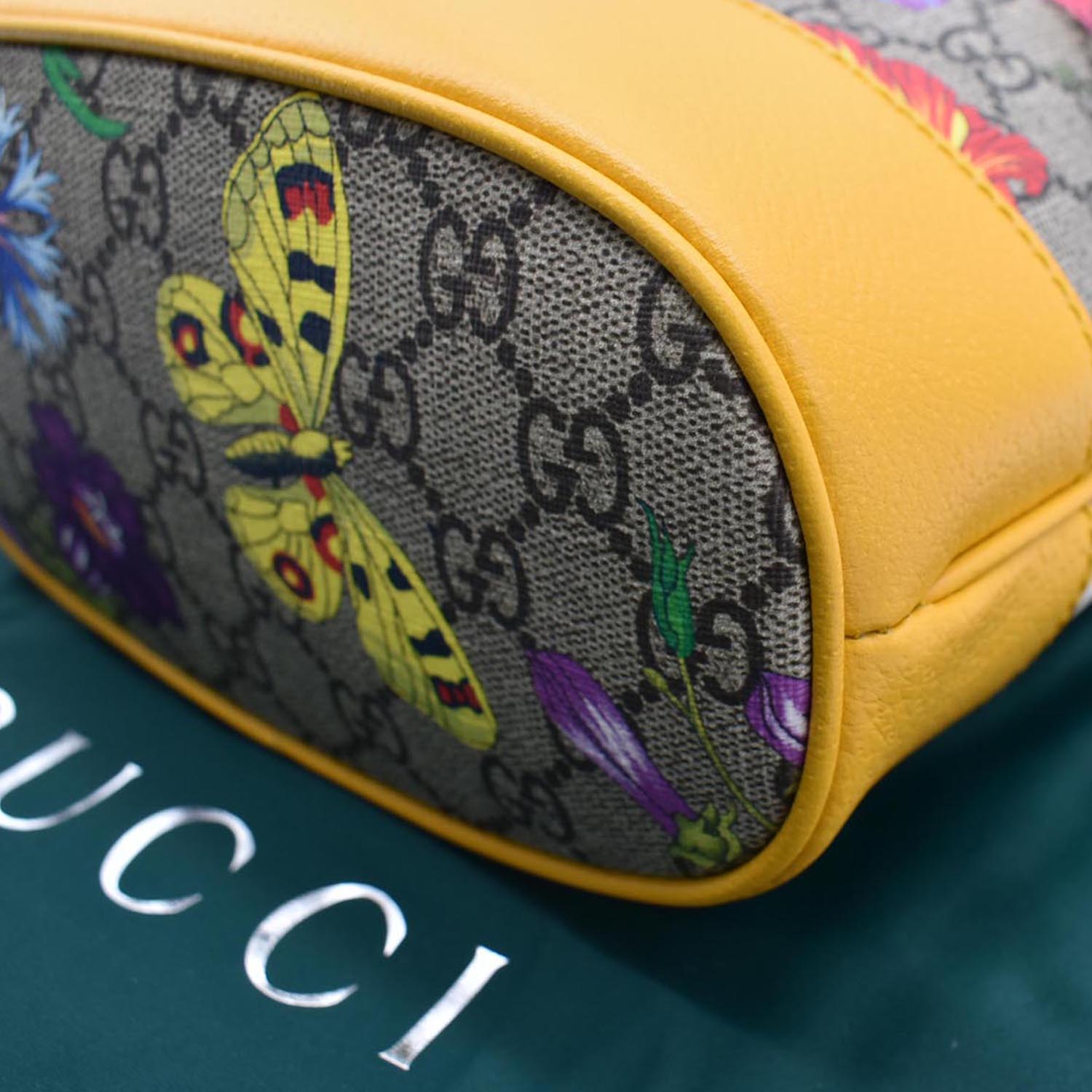 GUCCI Ophidia Flora Small GG Canvas Bucket Bag Yellow 550621