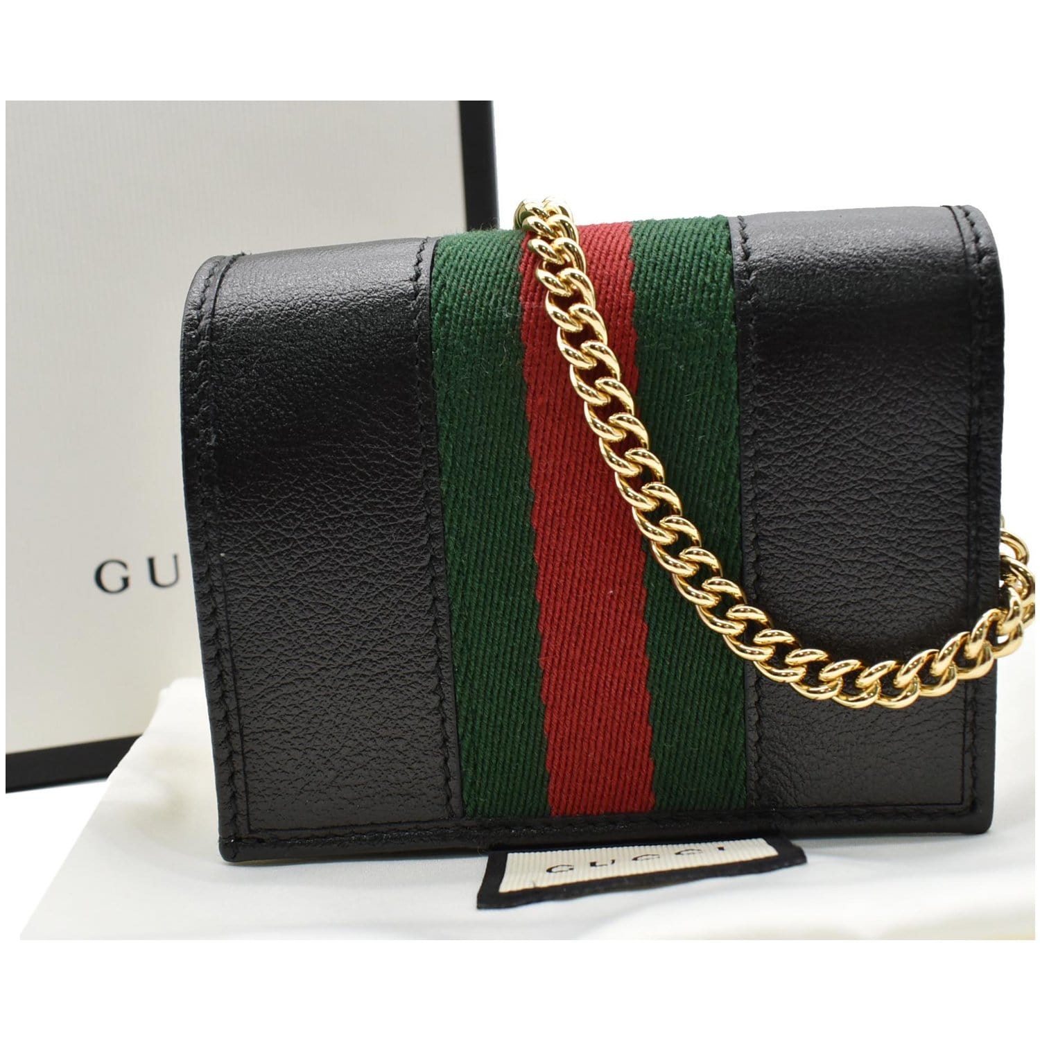 GUCCI Rajah Web Leather  Case Chain Wallet Black 573790