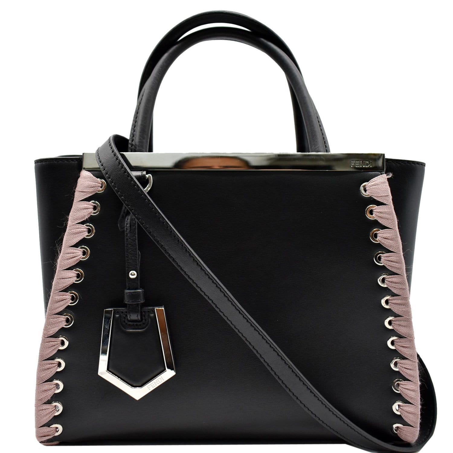 FENDI Petite 2Jours Whipstitch Leather Tote Shoulder Bag Black