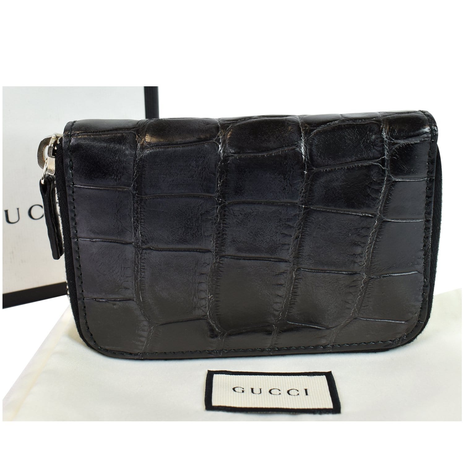 GUCCI Embossed Crocodile Zip Around Bifold Wallet Black 256235 - Final Sale