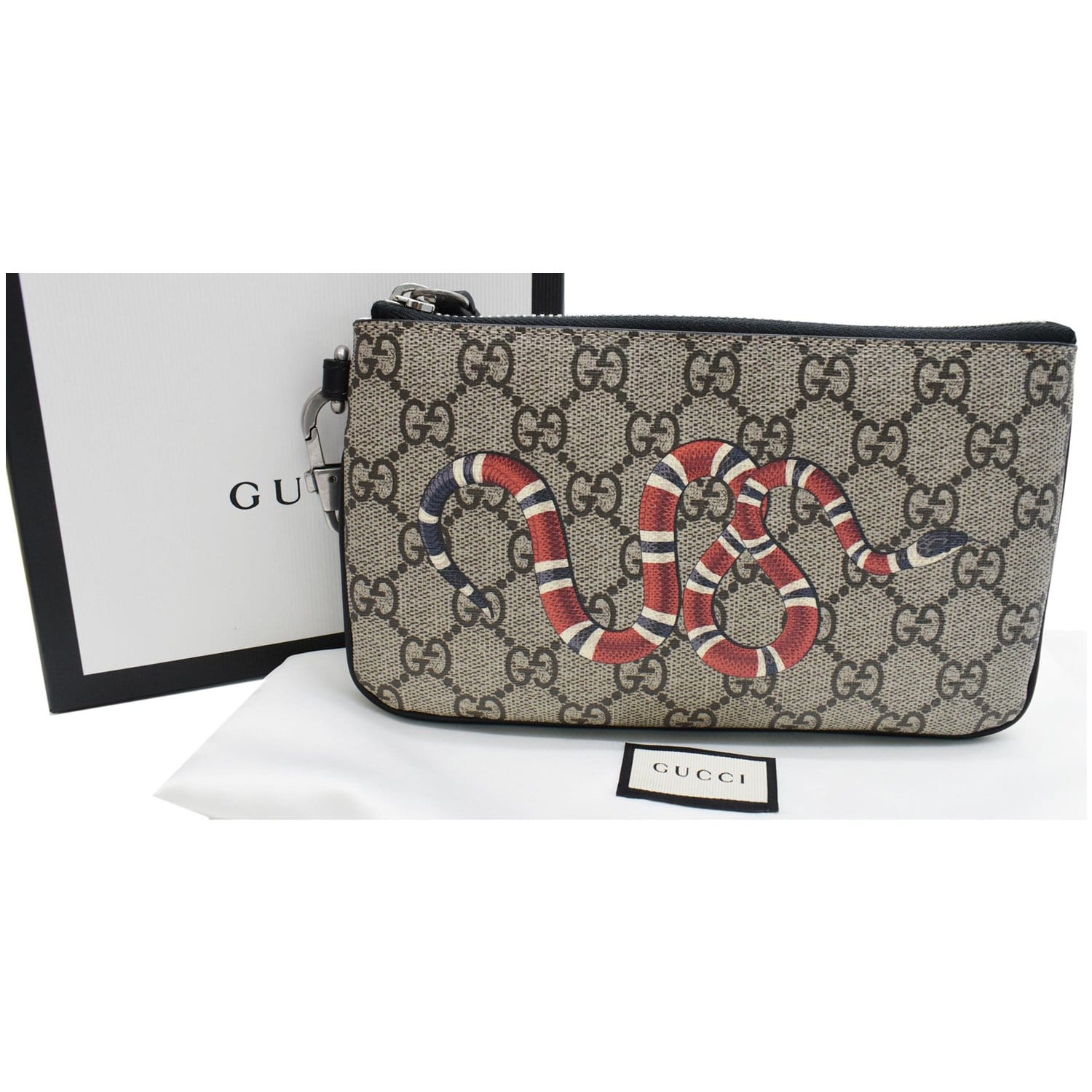 GUCCI Kingsnake Print GG Supreme Canvas Pouch Wristlet Beige 597556