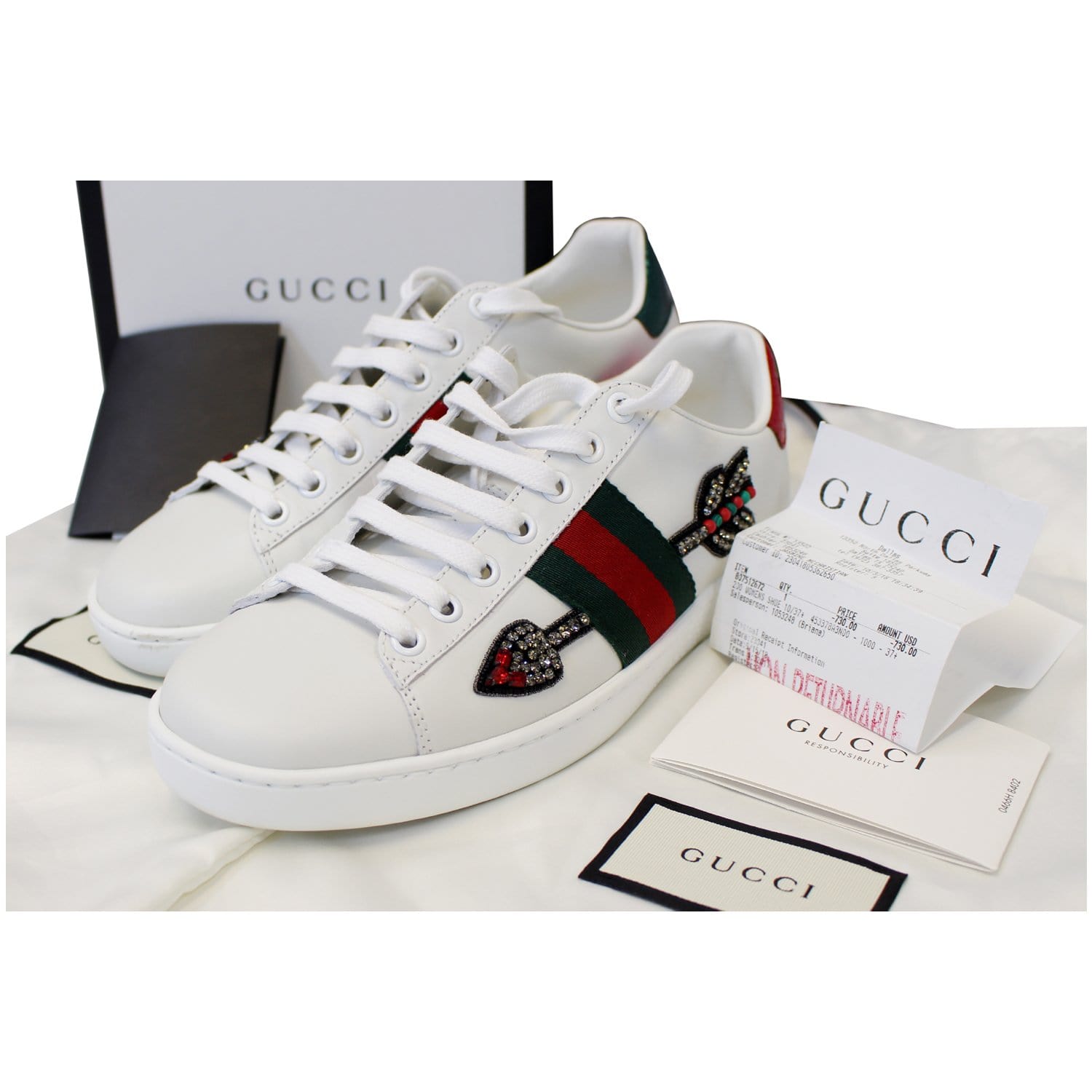GUCCI Ace Embroidered Arrow Logo Sneakers Size US 7.5