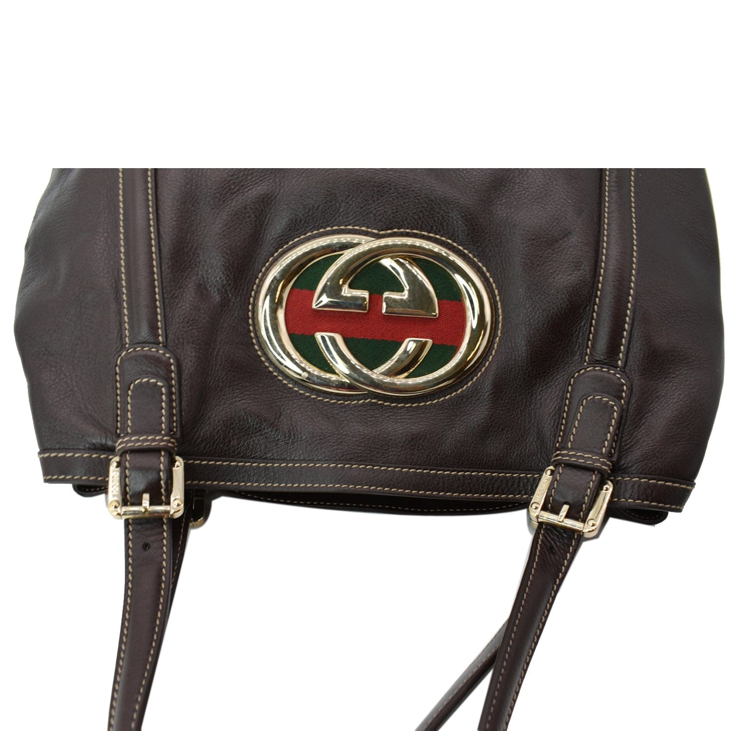 GUCCI Britt Leather Tote Bag Dark Brown 162094