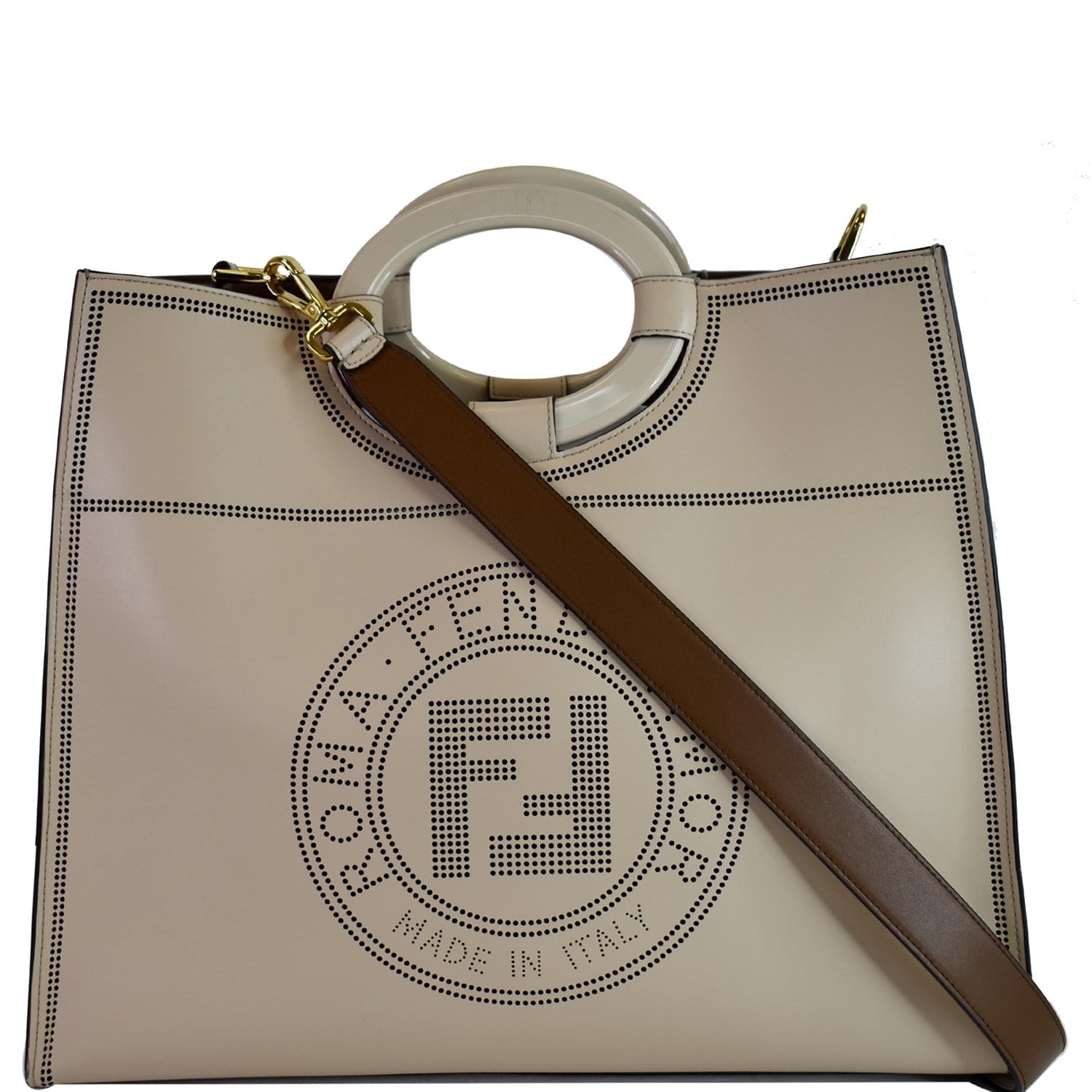 FENDI Runaway Large Perforated Leather Shopper Tote Bag Beige