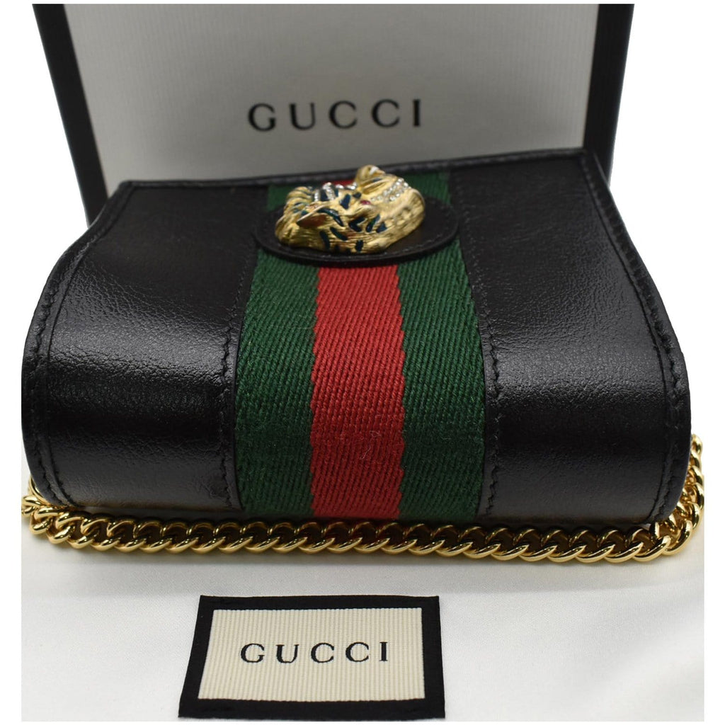 GUCCI Rajah Web Leather  Case Chain Wallet Black 573790